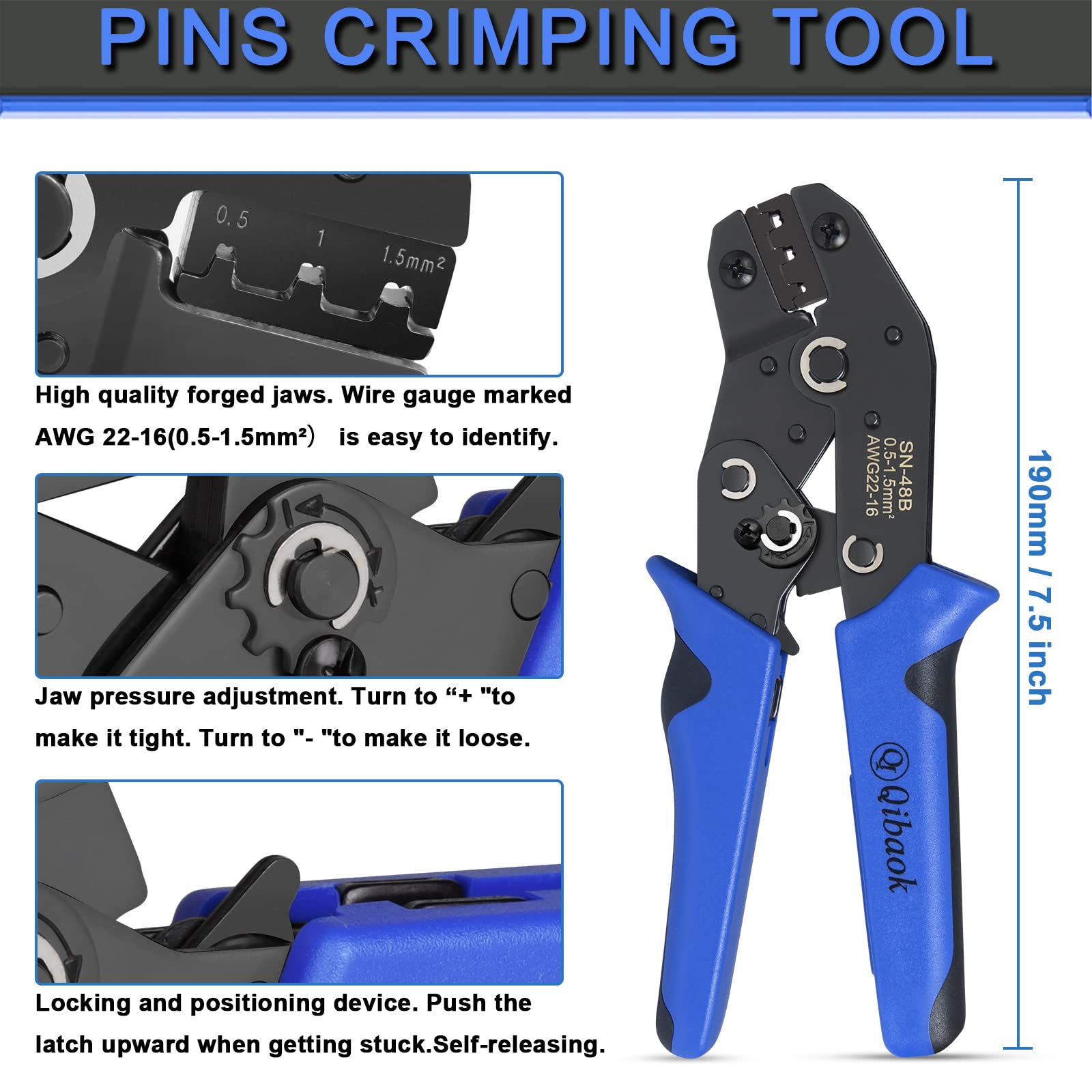 Wire Terminal Crimping Tool Kit, Qibaok Ratcheting Wire Crimper AWG 22-16(0.5-1.5mm²) with 500PCS Female Male Spade Connectors & Bullet Connectors Terminals