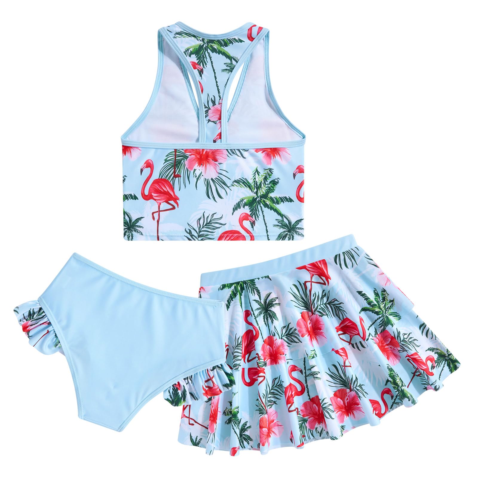 Youth Girls Tankini Flamingo 3 Piece Swimsuit Girls Hawaiian Tree Bathing Suit with Skirt 11-12 Years Beach Bikini Set