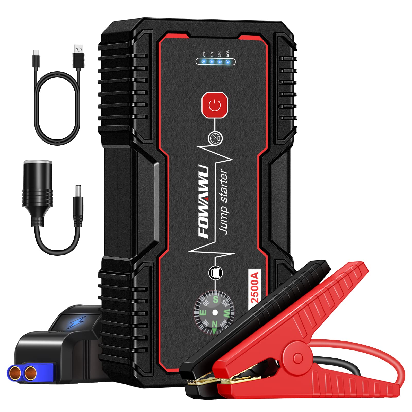 FOWAWU Car Jump Starter 2500A Peak 22800mAh Portable Jump(Up to 8.0L Gas and 6.5L Diesel), Battery Car Jump Battery Booster Pack with Smart Safety Jumper Cable, LED Light USB DC 12V Output