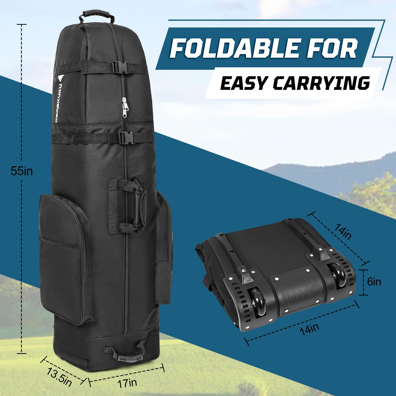 DAREKUKU Golf Travel Bag with Wheels, Portable Golf Club Travel Cover for Airlines, 4 Large Pockets,1200D Heavy Duty Wear-Resistant, Soft Sided Foldable Golf Travel Case for Easy Storage