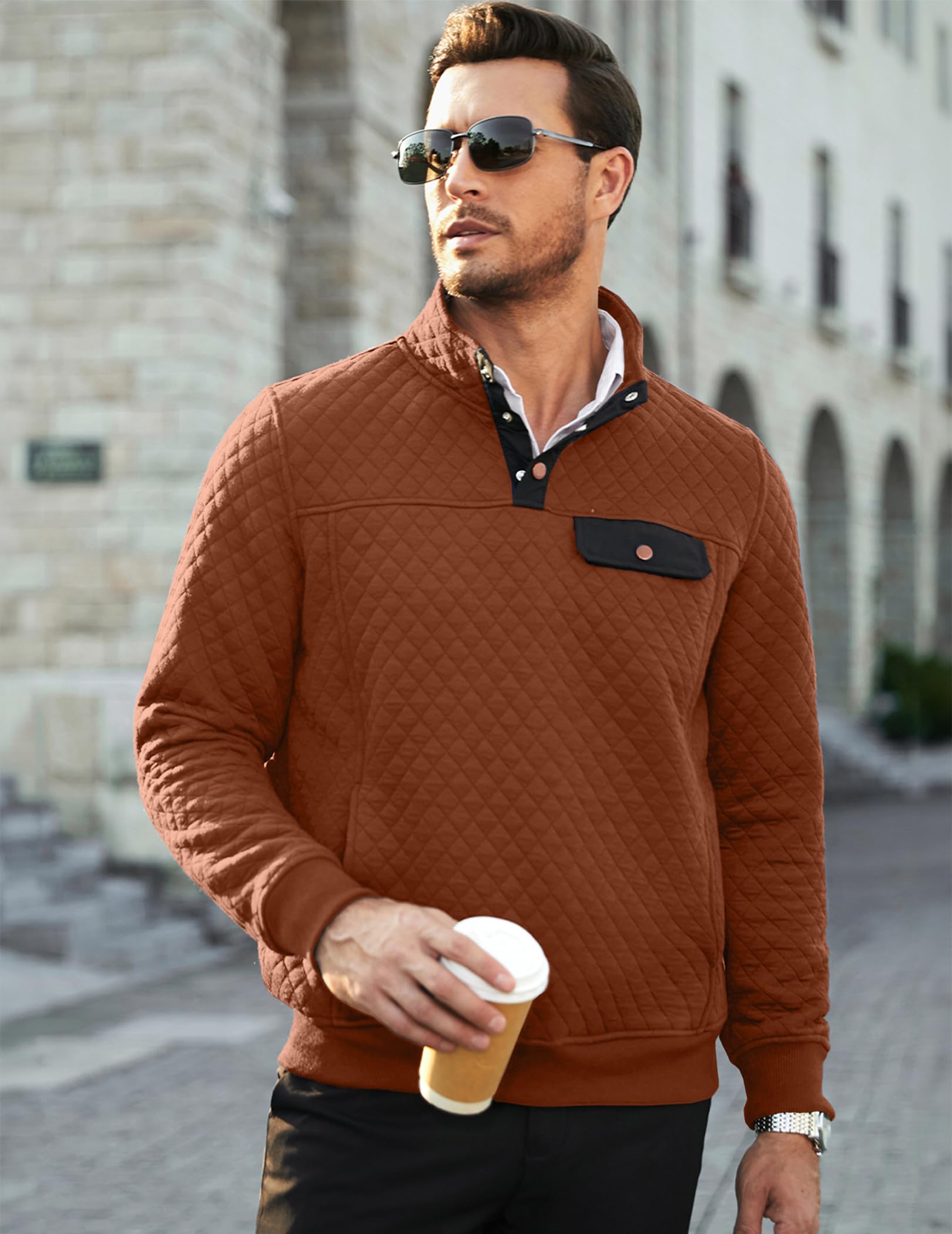 JMIERR Mens Quilted Sweatshirt Casual Long Sleeve Outdoor Stand Collar Quarter Button Fall Pullover Sweatshirts with Pocket, US 43(L), Orange