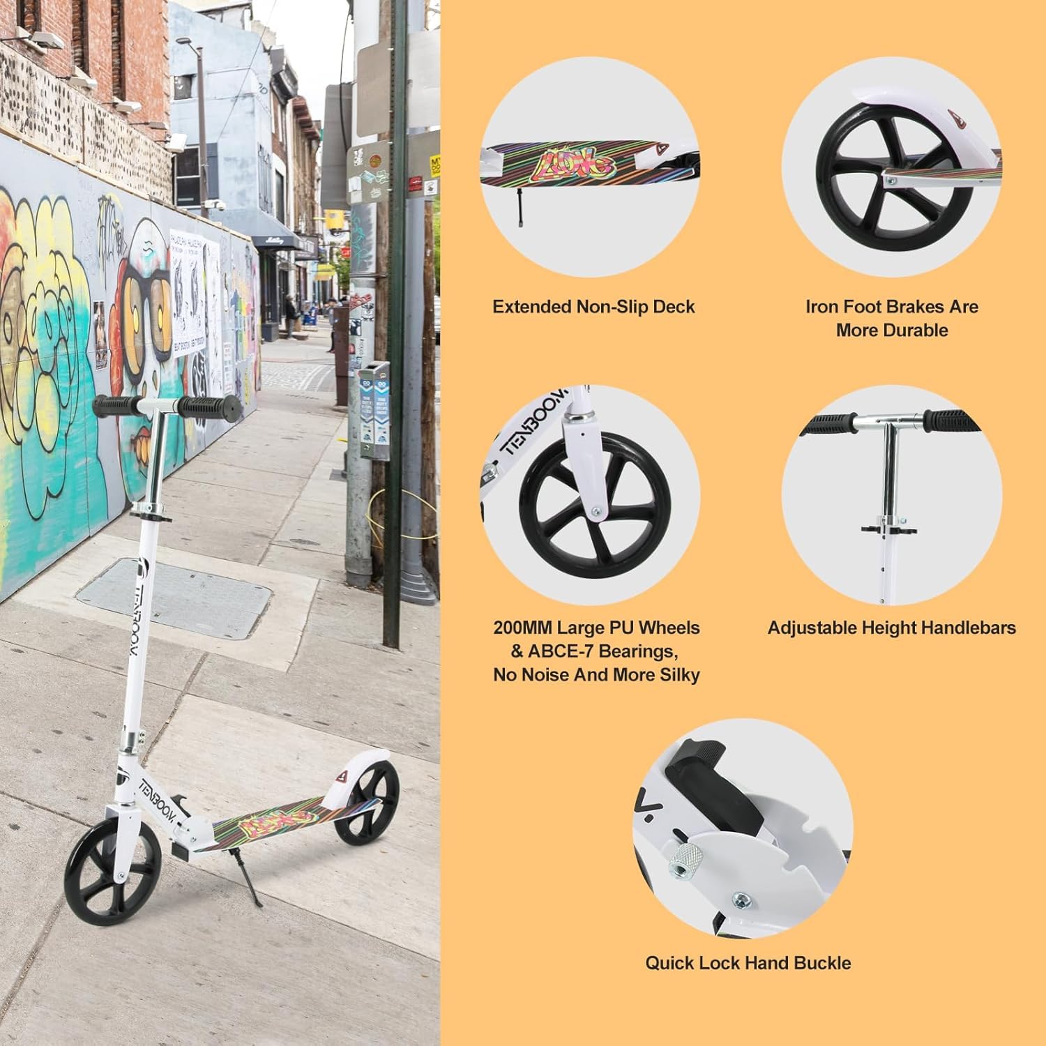 Kick Scooter for Ages 6+, Kids, Teens & Adults. Max Load 240 LBS. 8IN Big Wheels for Kids, Teens & Adults, 3 Adjustable Levels (White)