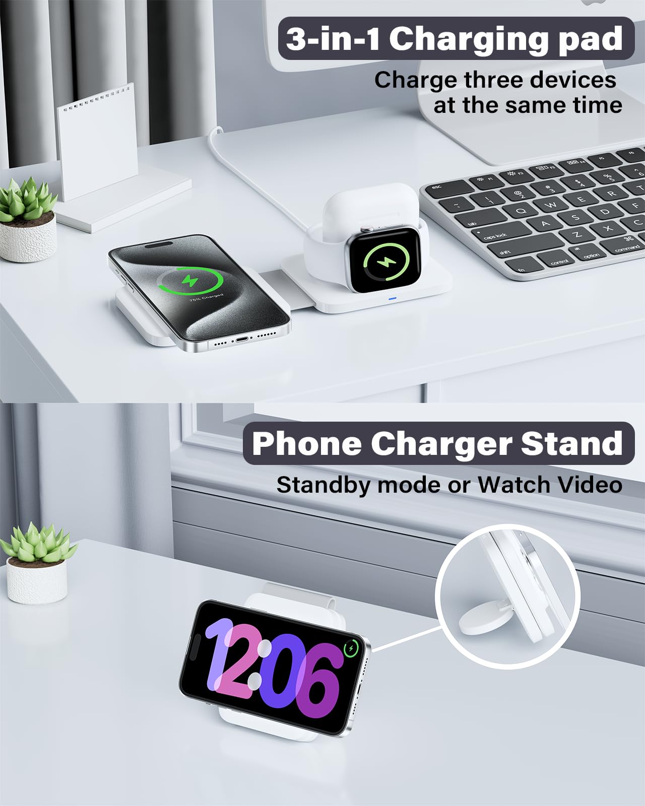 3 in 1 Charging Station for Apple Multiple Devices, Foldable Travel Wireless Charger for iPhone 16 15 Pro Max 14 Plus 13 12, Apple Watch Charger Ultra2 10 9 8 7 6 5 4 3 2 SE, for AirPods Pro 4 3 2