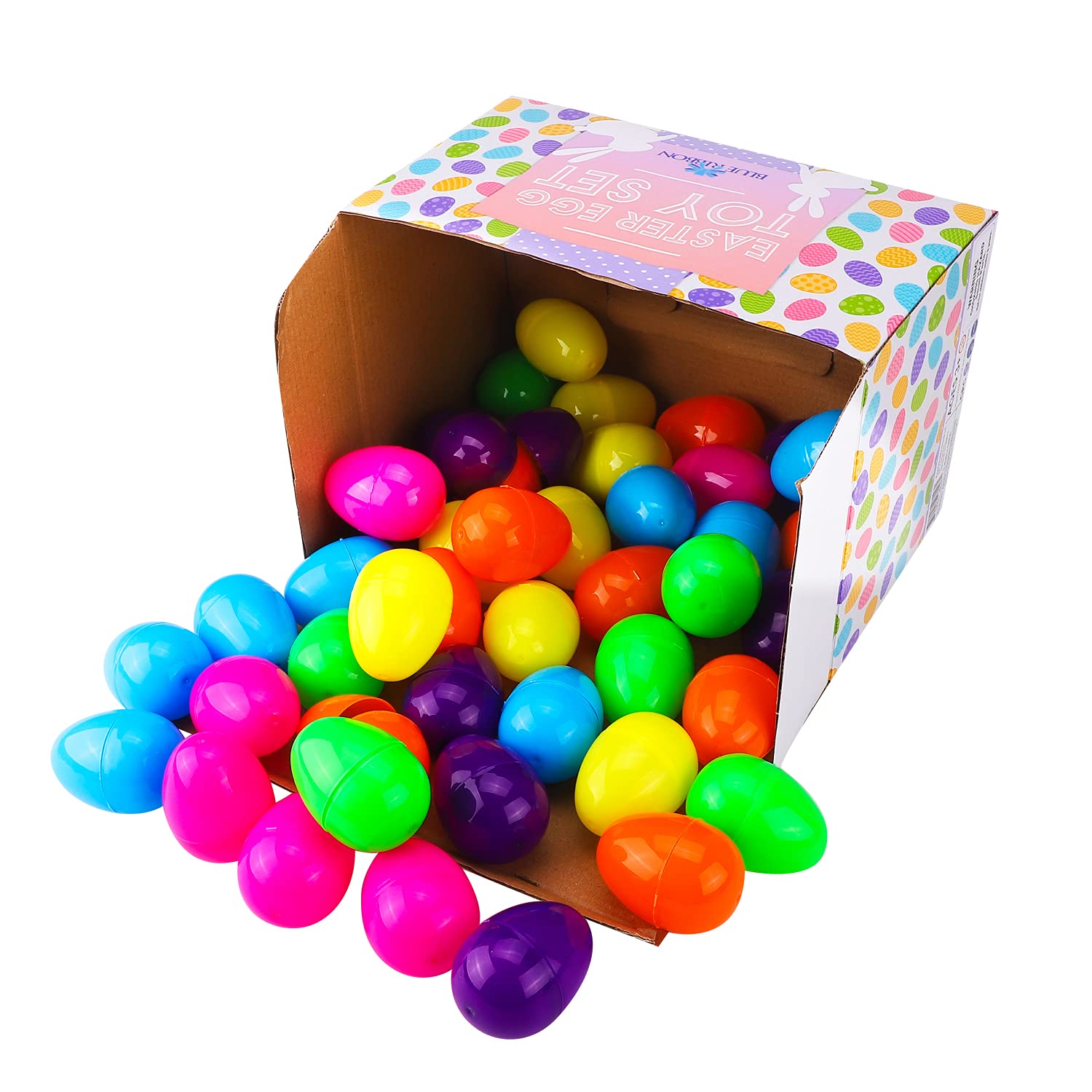 BLUE RIBBON Easter Eggs, 48 Pieces, Filled Surprise, Colorful Prefilled with Different Kinds of Little Toys, Perfect for Kids, Basket Fillers