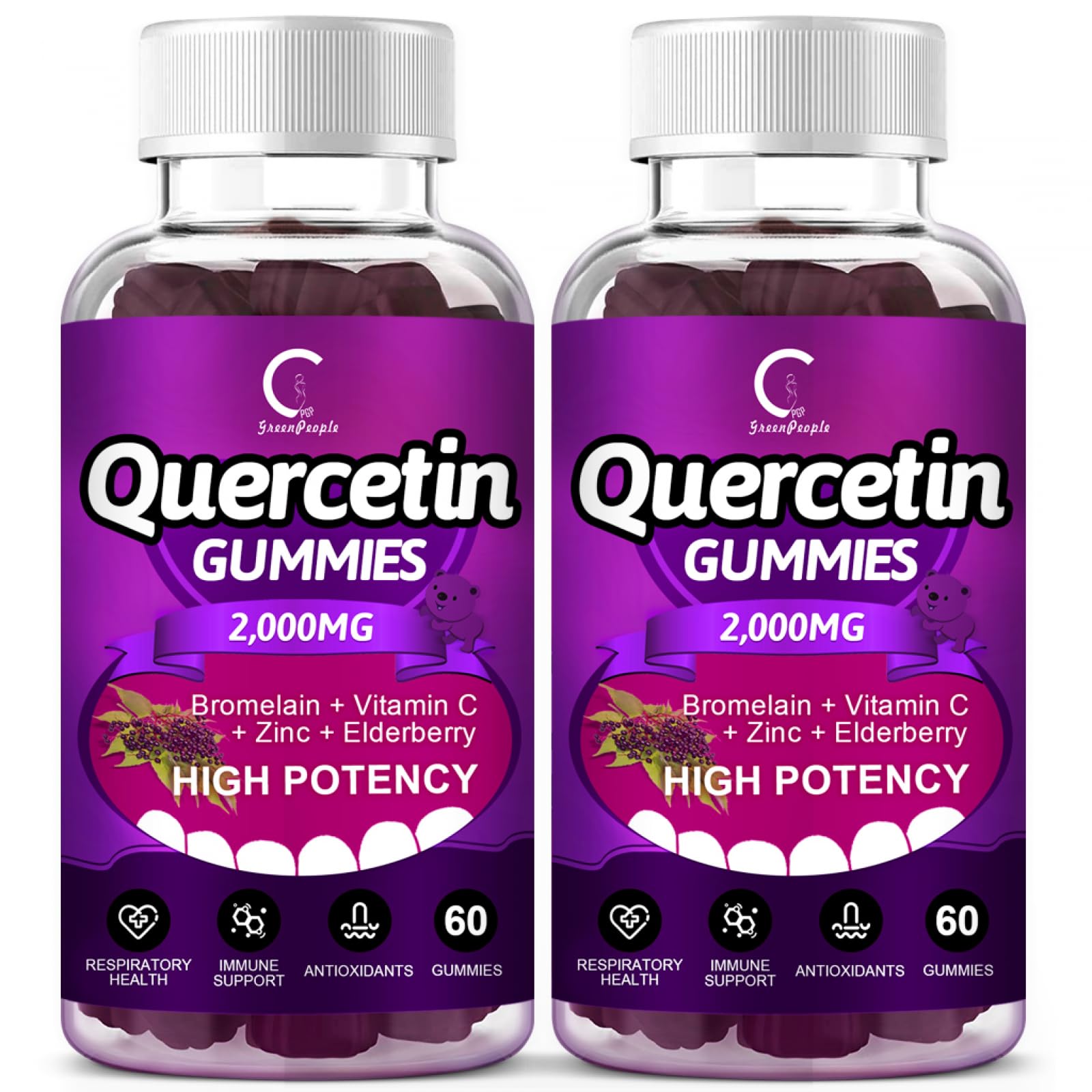 Quercetin Gummies - Quercetin with Bromelain, Vitamin C, Zinc & Elderberry 2000mg Extra Strength Immune System Booster, Lung Support Supplement for Adults Kids - 60 Quercetin Gummies (2 Pack)