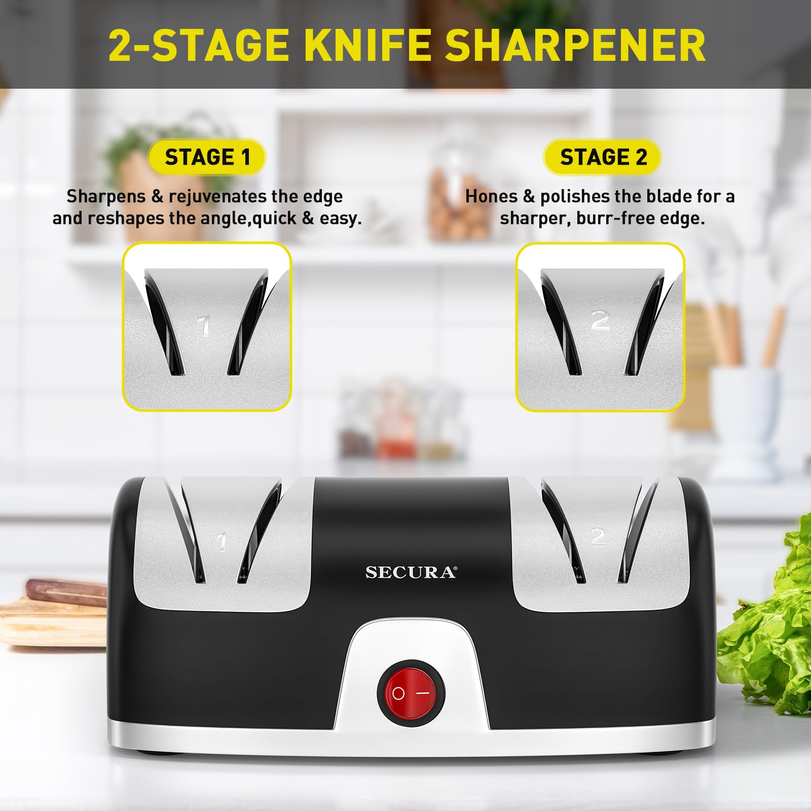 Secura 2-Stage Electric Knife Sharpener with Diamond Abrasives and Precision Angle Guides, Professional Sharpening Tool for Kitchen Straight Edge and Ceramic Knife, Black