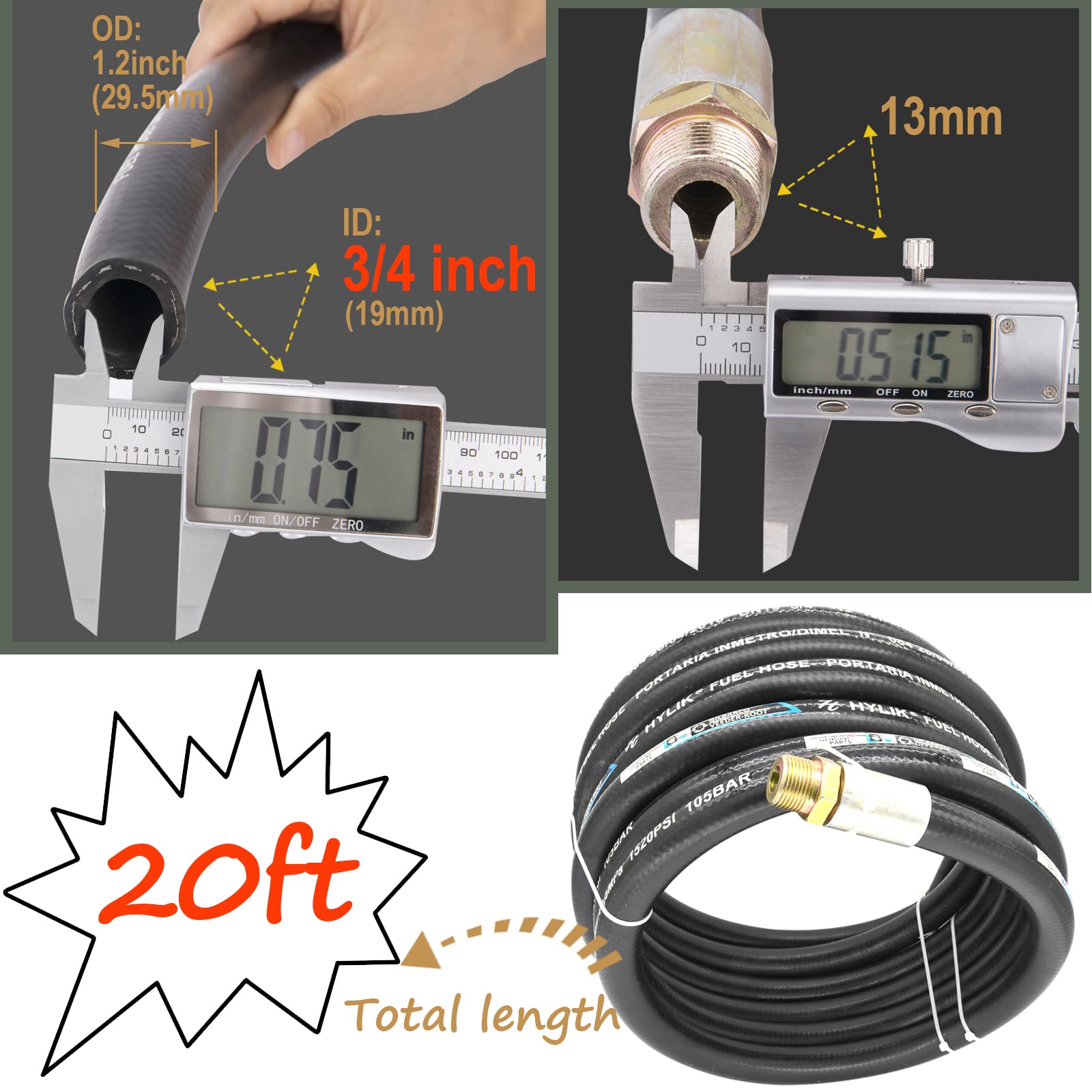 Fuel Transfer Hose, Fuel Hose 3/4" x 20' (6 m), 3/4 Fuel Hose 20 ft, Fuel Pump Hose 3/4 Inch, for Dispensing Diesel Fuel, Gasoline, Grease, Kerosene, Petroleum Oils - 3/4 Transfer Hose,Farm Fuel Hose