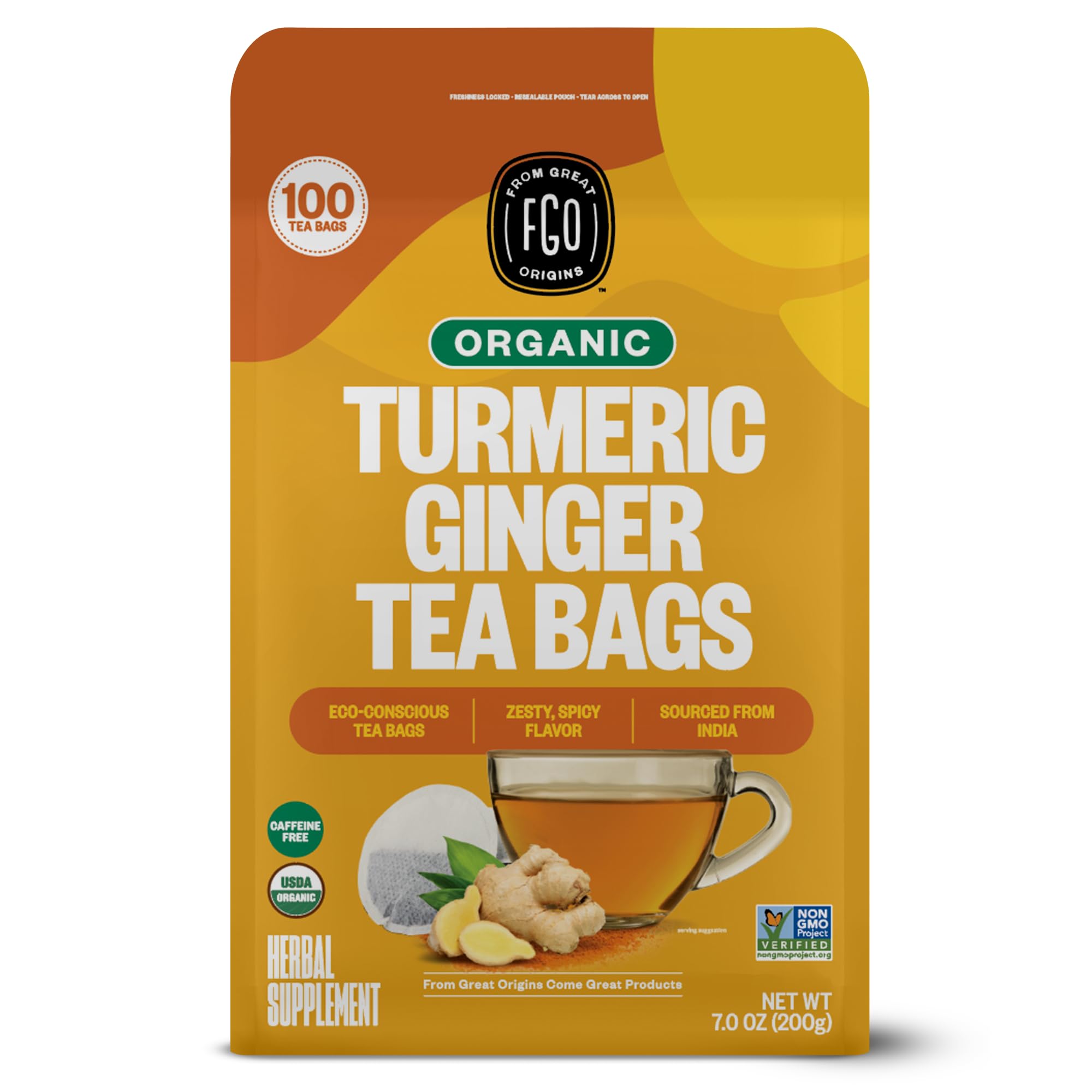 FGO Organic Turmeric Ginger Tea, Eco-Conscious Tea Bags, 100 Count, Packaging May Vary (Pack of 1)