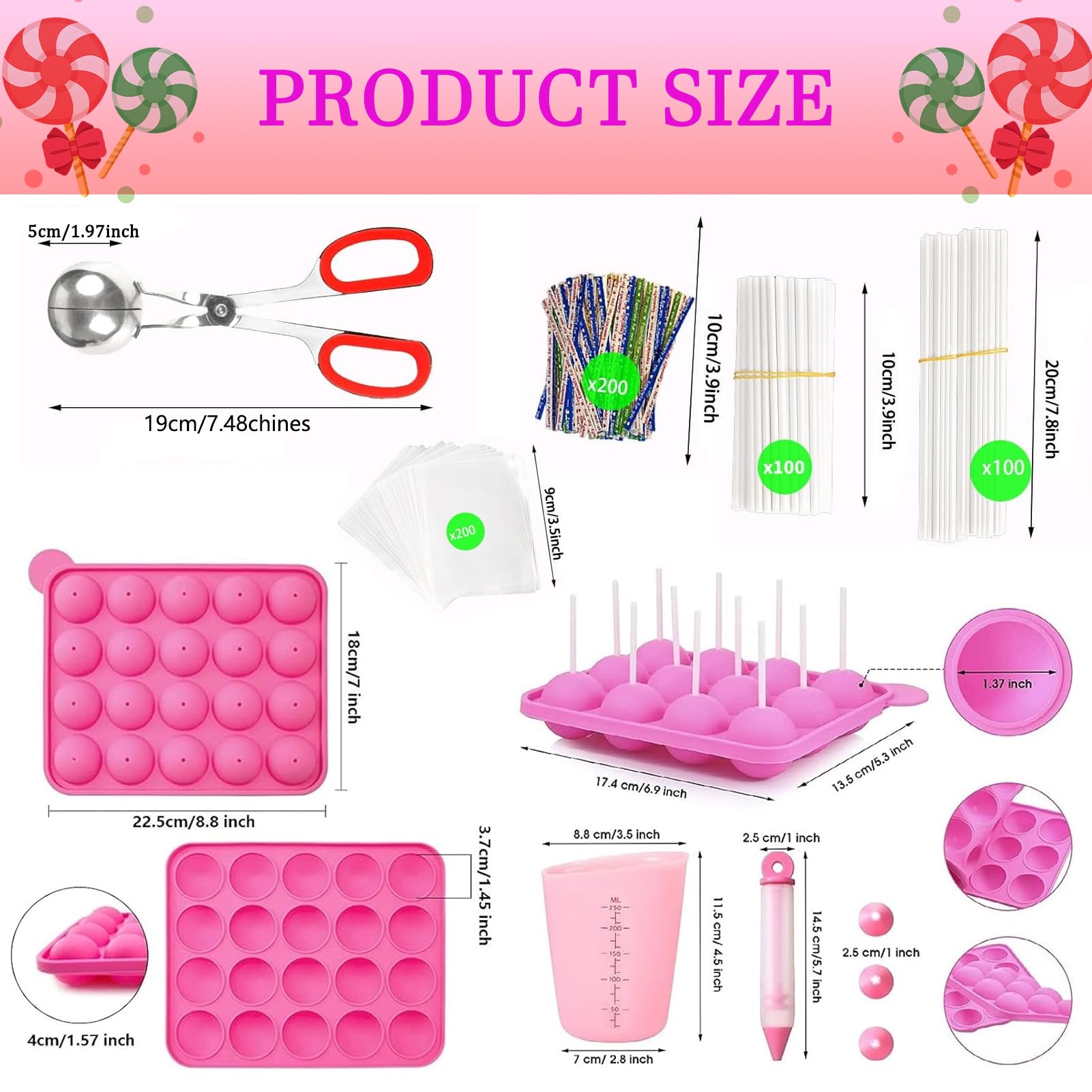 605Pcs Cake Pop Kit,Silicone Lollipop Molds Including Lollipop Sticks,Measuring Cup,Treat Bags,Twist Ties,Decorating Pen,Round Mold,Meat Baller with Handles,Lollipop, Candy,Display Stand Holder