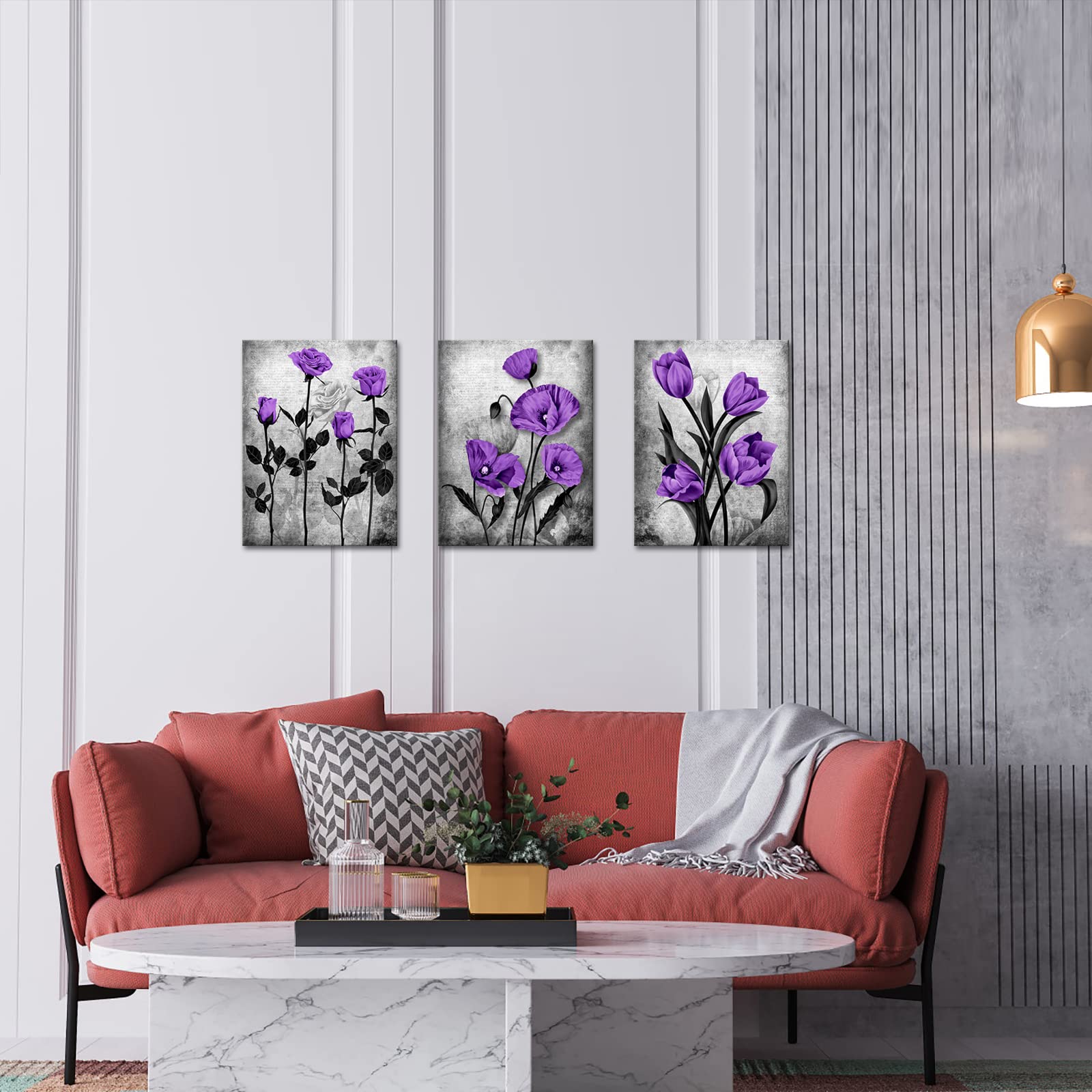 DuoBaorom Purple Grey Rose Painting Poppy Wall Art Tulip Floral Cnvas Print Bedroom Decor Flower Set of 3 Panel