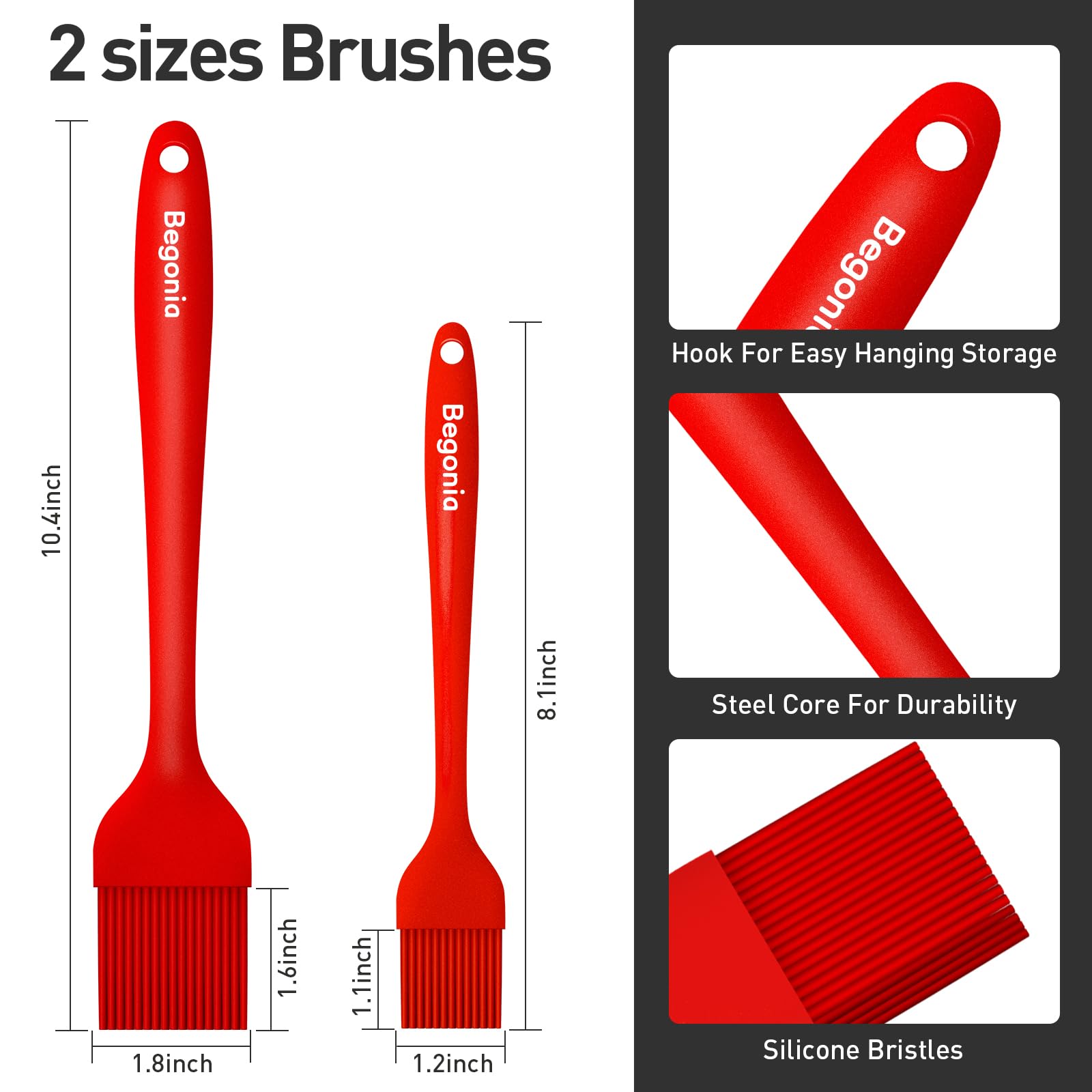 Begonia Silicone Basting Pastry Brush-2pcs Heat Resistant Cooking Brush for Oil, Sauce, Butter, BBQ, Grill and Marinade, BPA Free, Dishwasher Safe