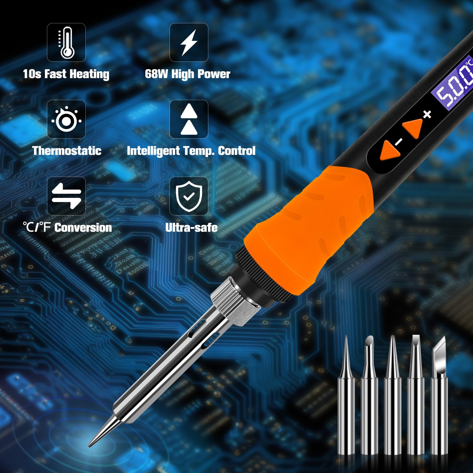 Soldering iron, 68W Soldering Gun, 9-in-1 Soldering Kit LCD Adjustable Temperature 392-932℉ & Thermostatic Design, Soldering Iron Kit with 5PCS Soldering Tips, Wire, Sponge, Flux