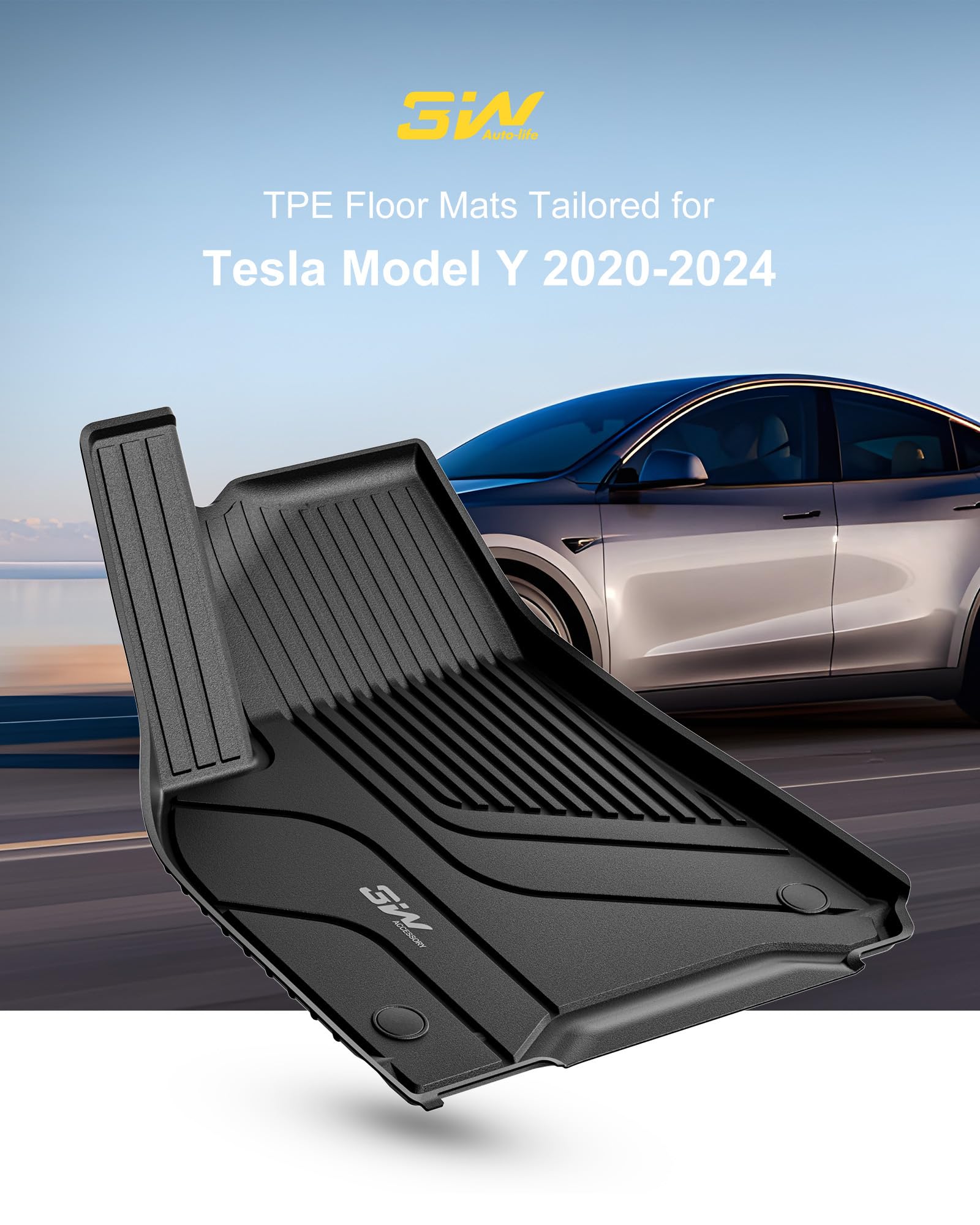 3W Tesla Model Y Floor Mats, All-Weather TPE Floor Liner Compatible for Tesla Model Y 2020-2024, Full Set Black Floor Mats and Cargo Liner Mat Accseeories Custom Fit for Tesla 5-Seater