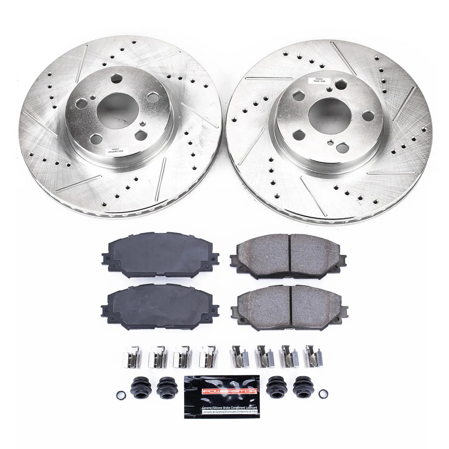 Power Stop Brake Kit For Pontiac Vibe Scion XD Toyota Corolla Matrix - Front Z23 Carbon Fiber Brake Pads with Drilled and Slotted Brake Rotors Replacement, K4669