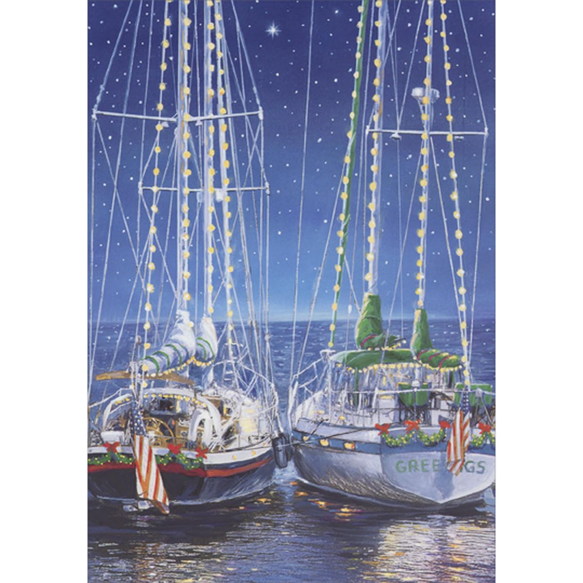 Designer Greetings Two Sailboats Decorated with Lights, Garland, Bows and American Flags Under Starry Sky | Pack of 15 Nautical Christmas/Holiday Cards