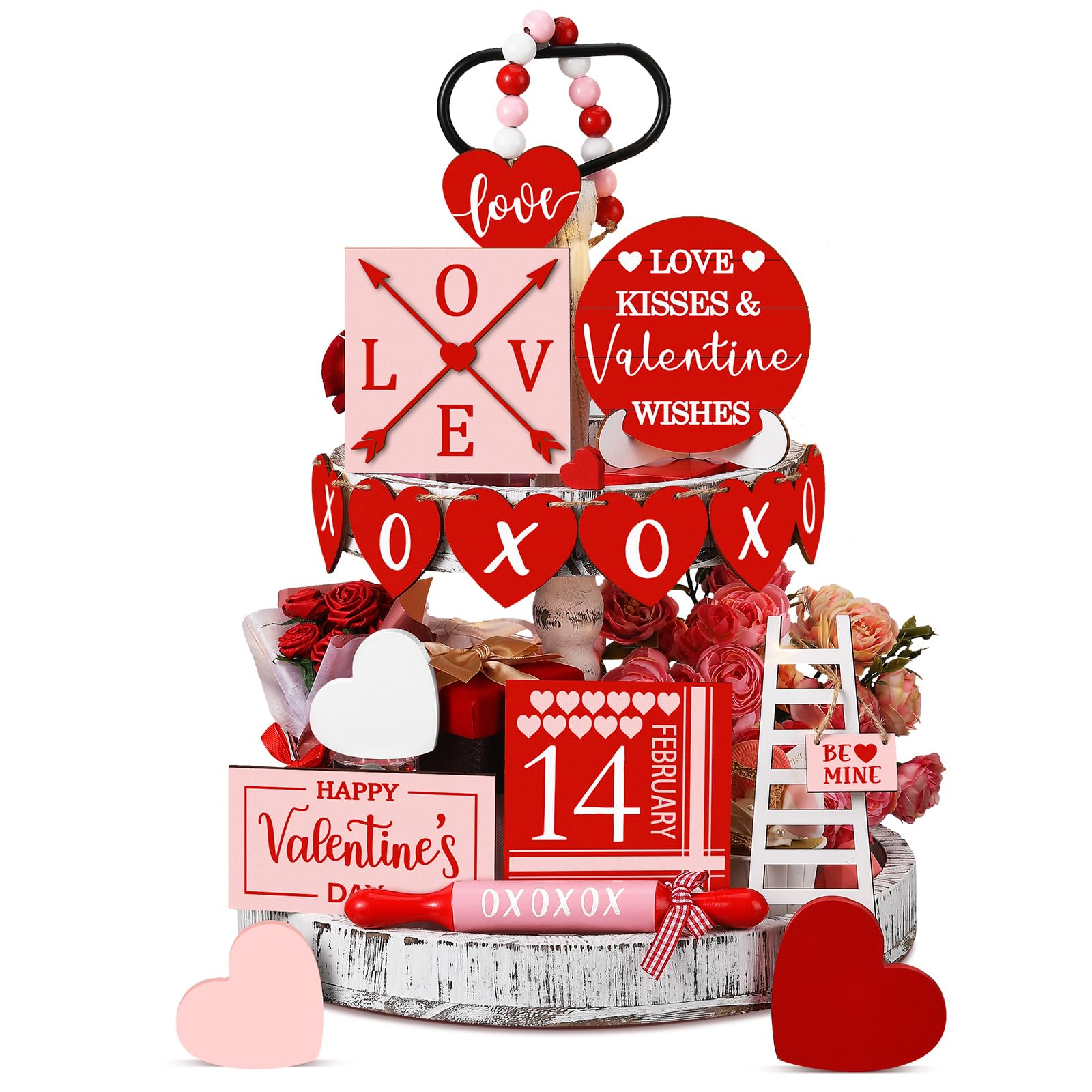 Spiareal 15 Pcs Valentine's Day Tiered Tray Decor Set Red Heart Wooden Signs Valentines Table Decorations Farmhouse Decorative Trays Signs for Home Kitchen Tabletop Valentine's Day Decorations