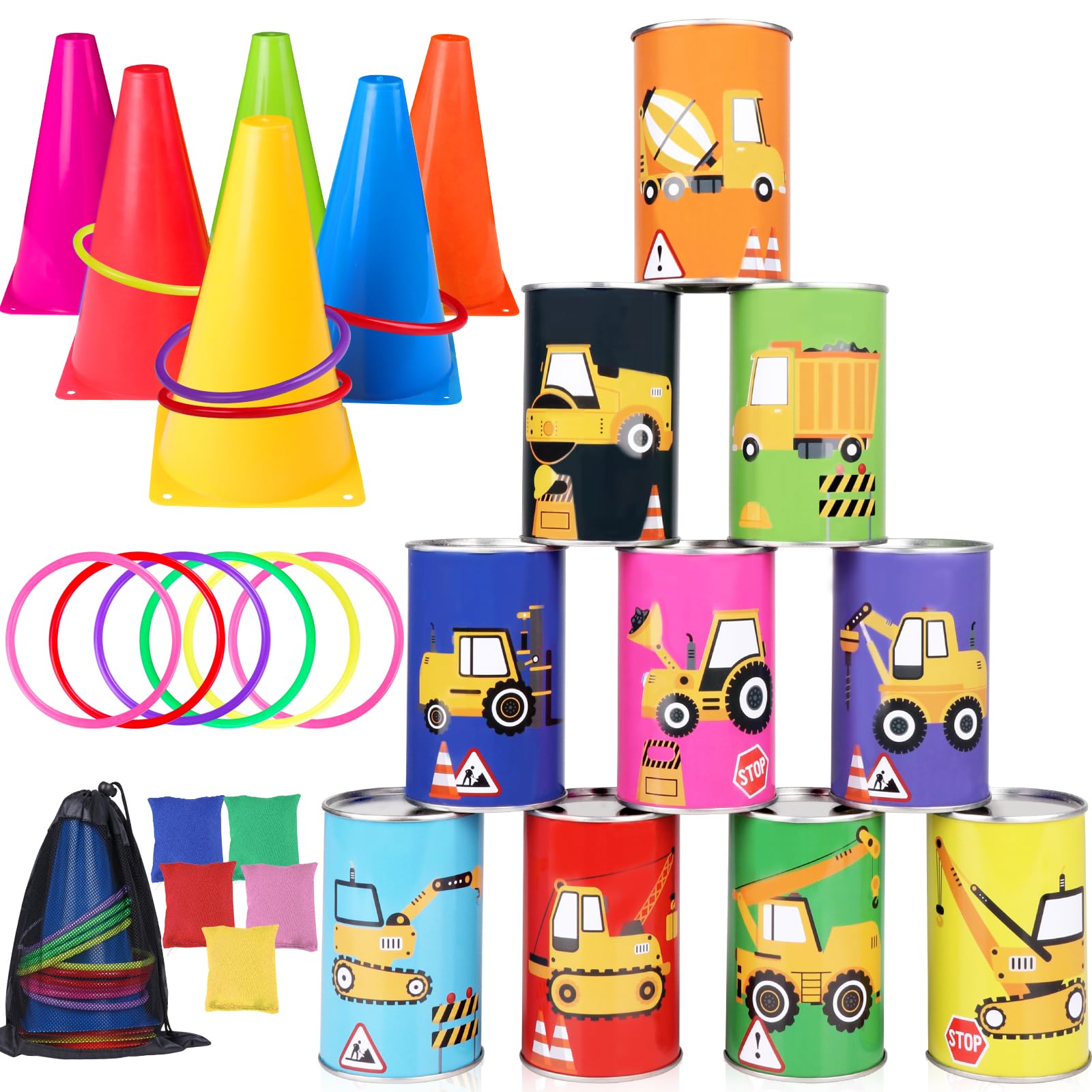 36 Pack Carnival Games Set, 4 in 1 Construction Truck Cans Soft Plastic Cones Cornhole Bean Bags Ring Toss Games Combo for Kids Adults Carnival Birthday Party School Indoor Outdoor Games Supplies