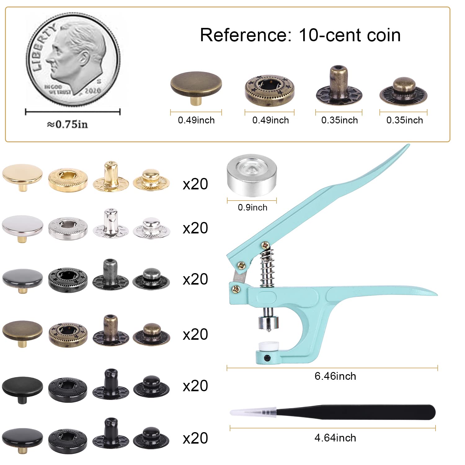 120 Set Leather Snap Fasteners Kit, 12.5 mm Metal Snaps with Snaps 6 Color Leather Snaps for Clothes, Jackets, Jeans Wears, Bracelets, Bags (6 Color)
