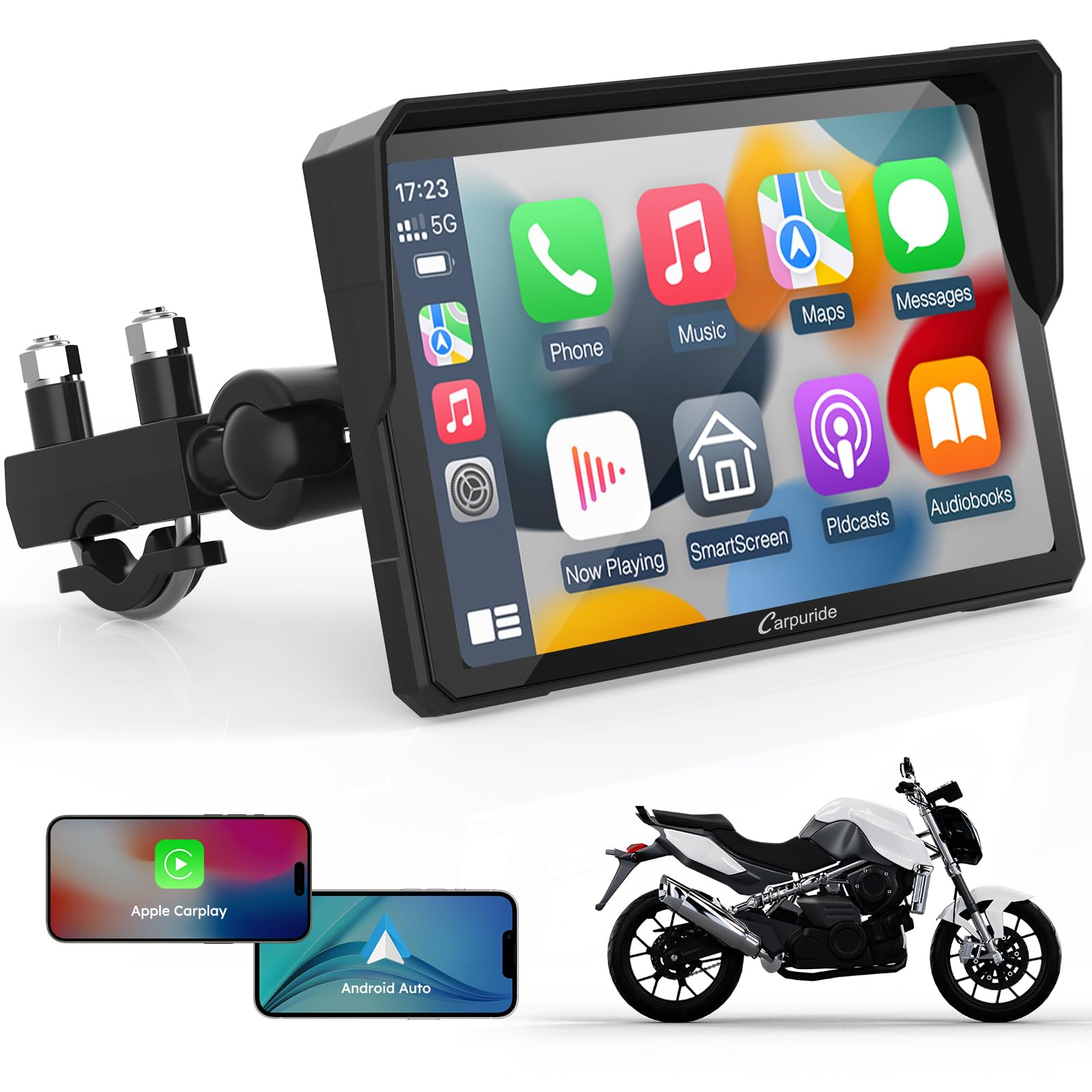 Carpuride W702 Motorcycle GPS Carplay Screen, Wireless CarPlay & Android Auto Car Stereo for Motorbike, 7" Waterproof Touchscreen, Dual Bluetooth, Siri,Navigation Screen