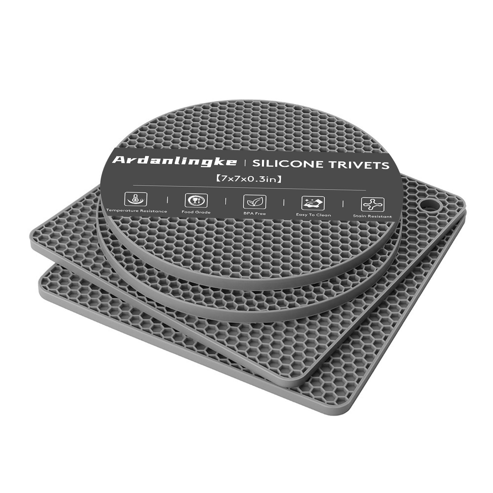 Silicone Trivet Mats, Trivets for Hot Pots and Pans, Silicone Pot Holders, Heat Resistant Mat for Kitchen, Multi-Purpose Pot Holder, Non-Slip Jar Opener, Drying Mat, Coaster (4 Pcs, Gray)