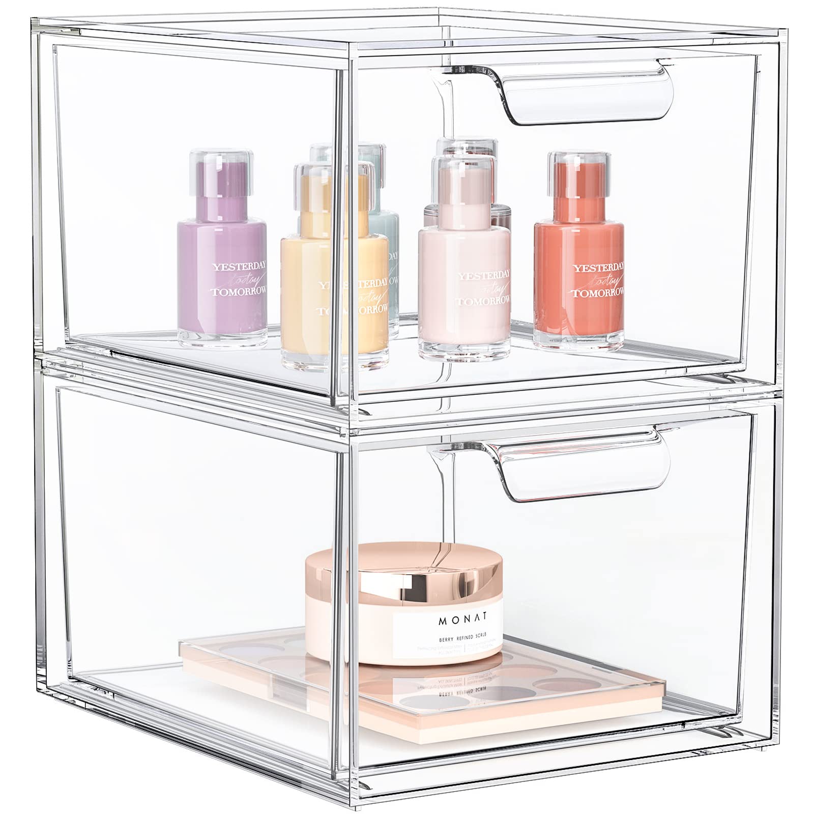 SpaceHacks 2 Pack Stackable Makeup Organizer and Storage, Acrylic Organizers，Clear Plastic Storage Drawer with Handles for Vanity, Undersink, Kitchen Cabinets, Pantry