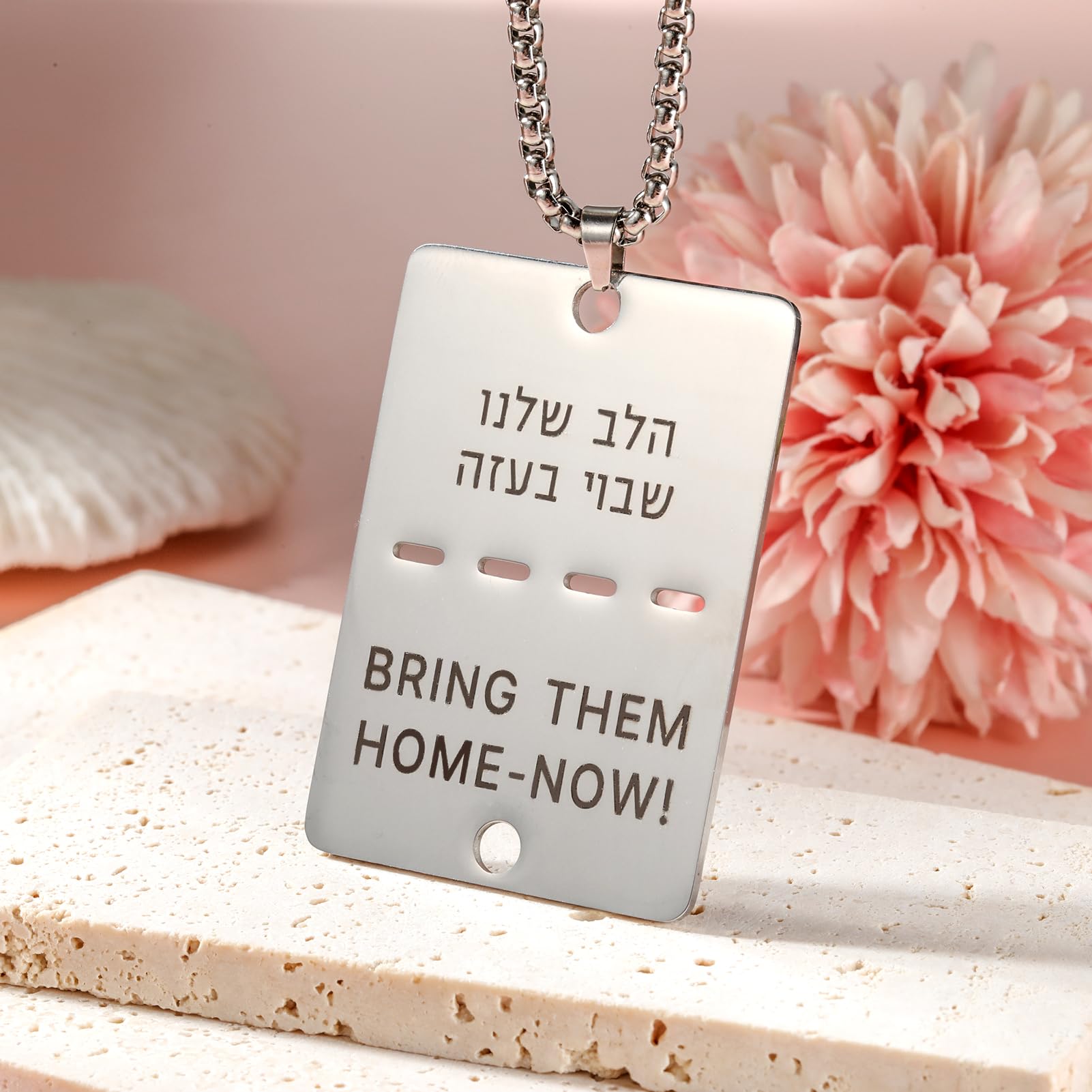 TEAMER Bring Them Home Now Necklace Stainless Steel Jewish Hebrew Pendant Carved Dog Tag Jewelry (Silver - Box Chain - 1Pcs)