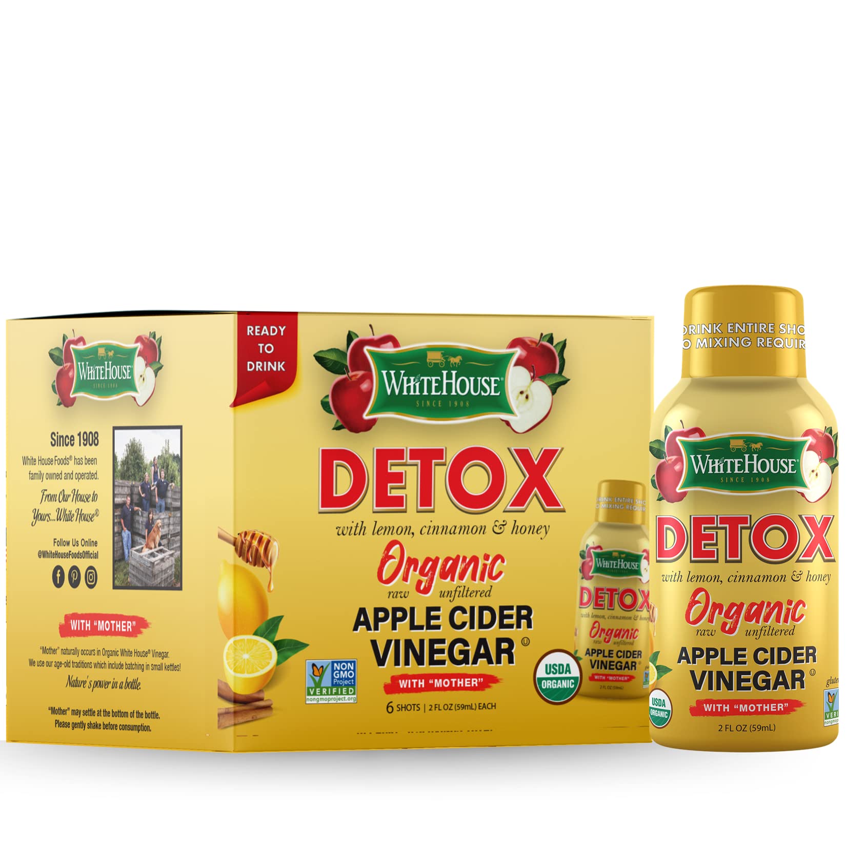 White House Detox Apple Cider Vinegar Shots, Raw Unfiltered, On the Go (Detox, Pack of 24)