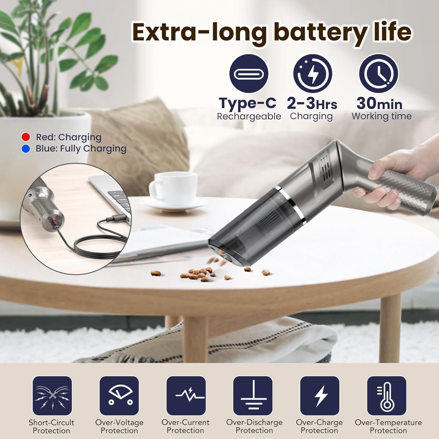 MZGO 90° Rotatable Handle Rechargeable Hand Vacuum Cordless Dry Wireless Portable Handheld Car Vacuum for Home/Car/Office