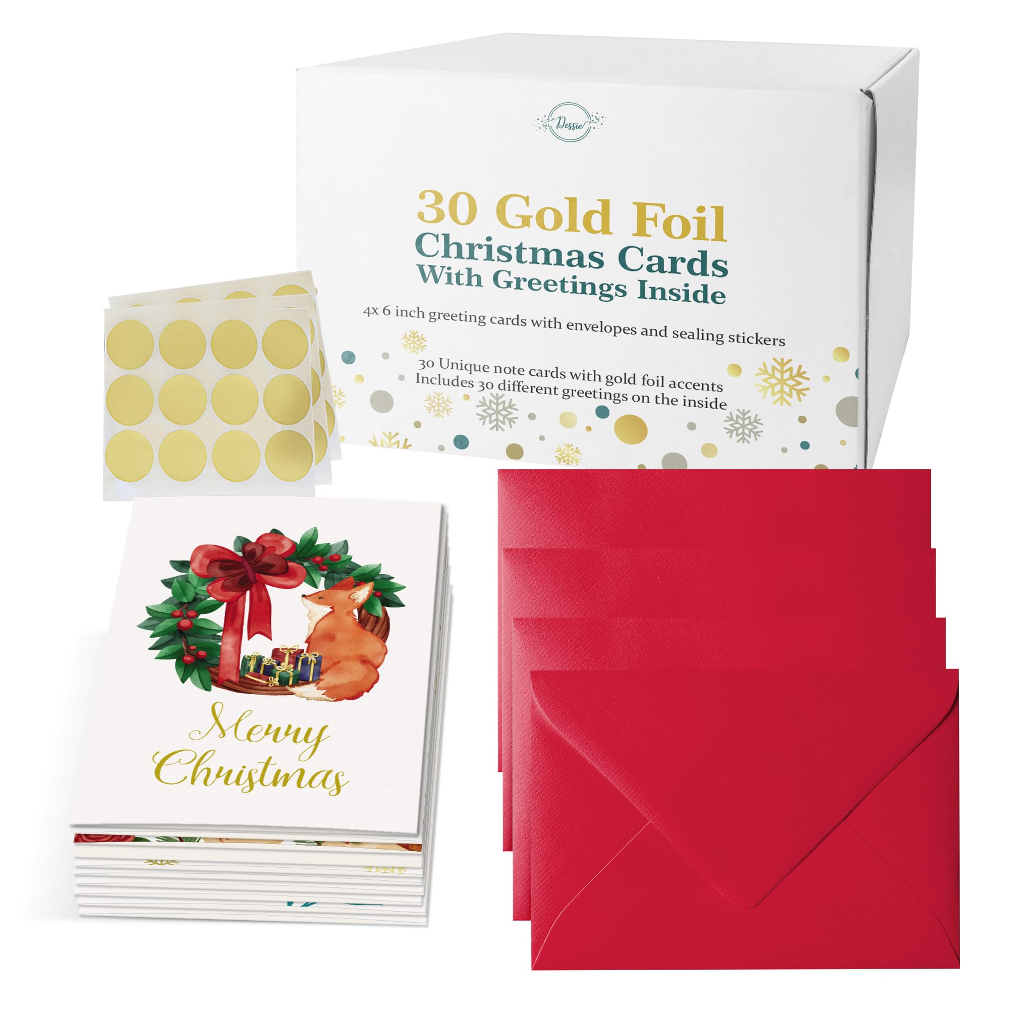 Dessie 30 Unique Christmas Cards with Envelopes 4x6 and Gold Sealing Stickers. Short Greetings Inside. Boxed Christmas Cards and Happy Holiday Greeting Cards Set.