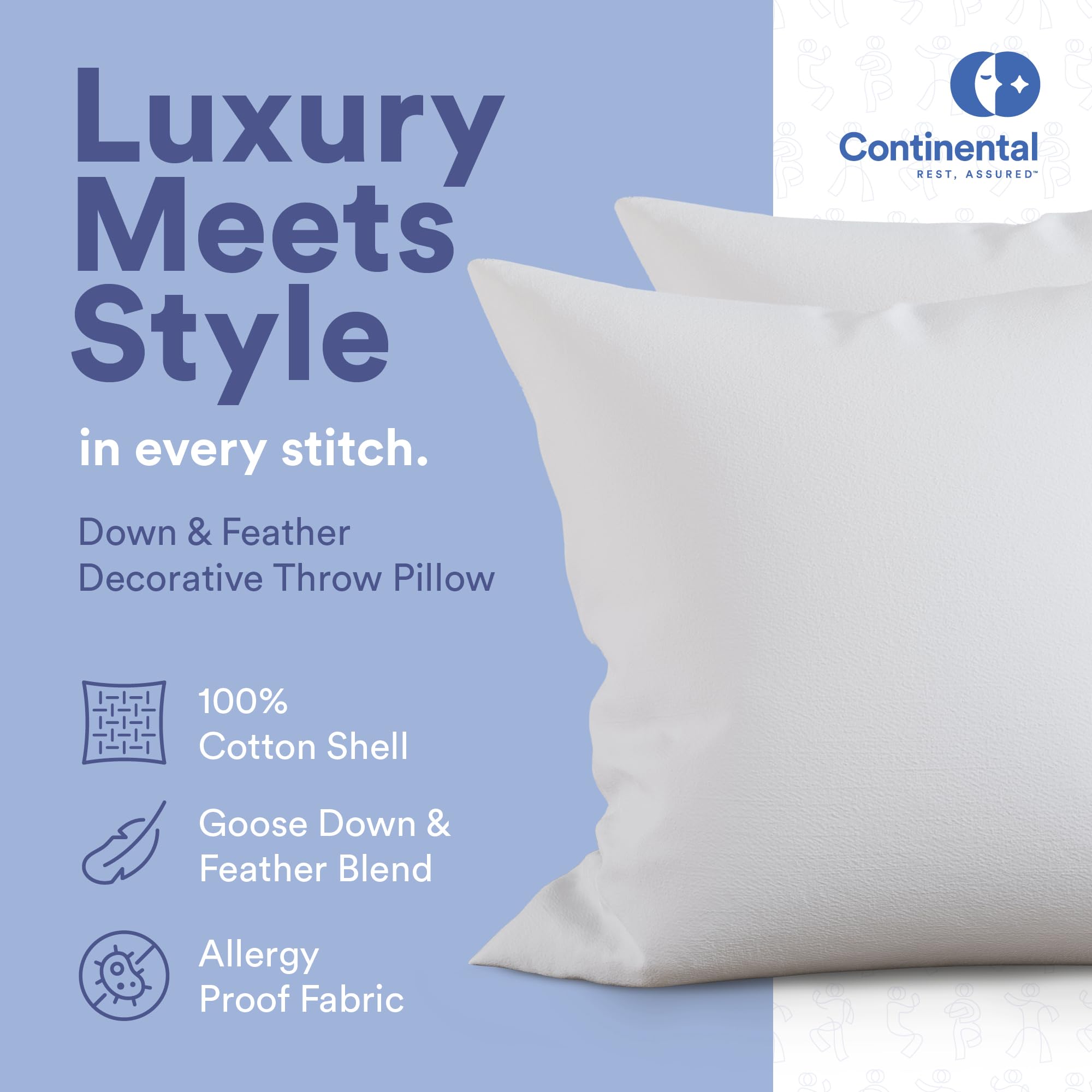 Continental Bedding Decorative Throw Pillow Goose Down and Feather Fill 10/90, 26x26 (2 Pack), White 2 Count