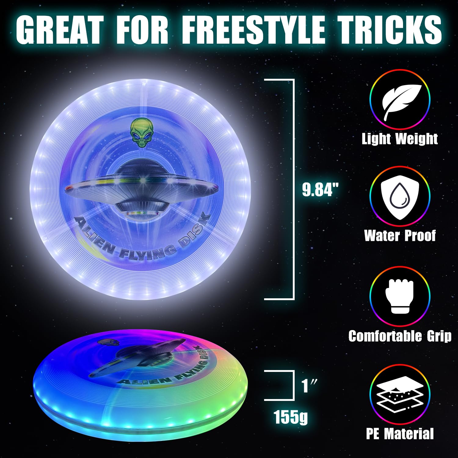 LED Light Up Flying Disc with Millions of Colors, 7+5 Light Modes, Rechargeable, Glow in the Dark Waterproof Outdoor Games for Adult and Family/Boys/Teens/Kids Beach Camping Essentials Lawn Yard Games