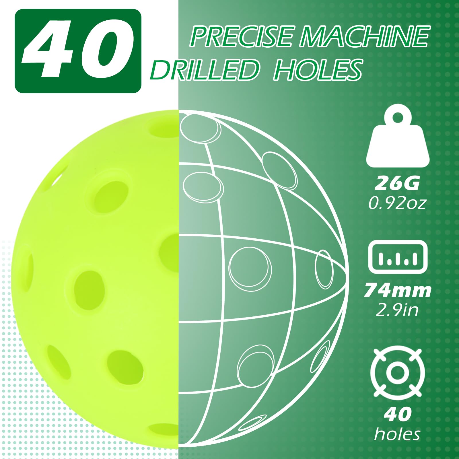 RayChee Outdoor Pickleball Balls, 40 Holes Pickleballs 3/12/48 Pack for Sport Outdoor Play, High Bounce & Durable Pickle Balls Outside for All Style Pickleball Paddle & Court w/Mesh Bag