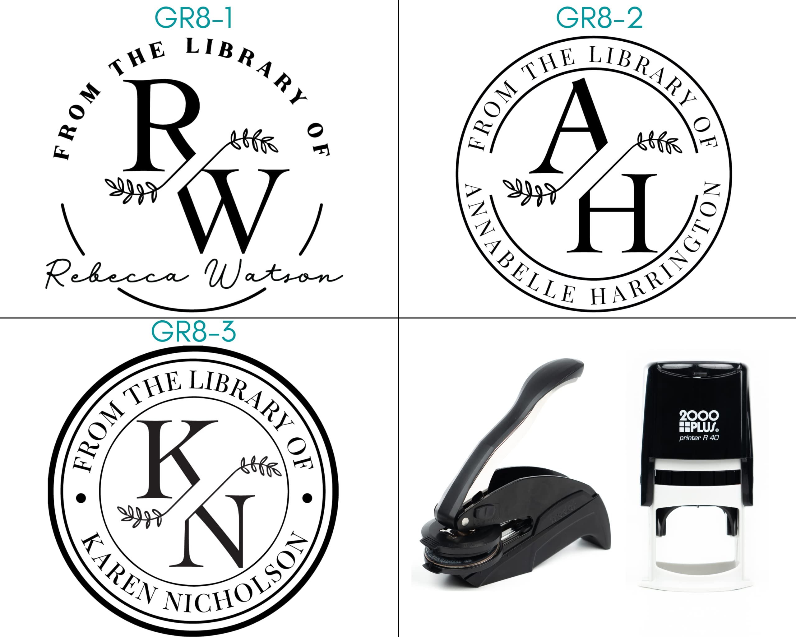 from The Library of | Ex Libris | Floral Book Stamp | Personalized Teacher Stamp | Custom Library Stamper | Monogram Self-Inking Wood Handle Embosser (Monogram 1)