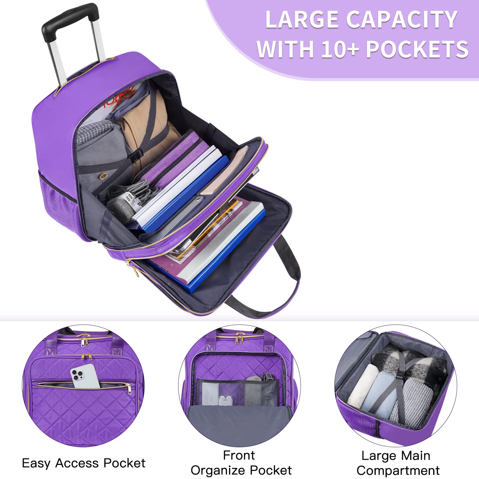 Ytonet Rolling Briefcase for Women, 17.3 Inch Large Rolling Laptop Bag with Wheels, Water Resistant Stylish Overnight Computer Bag for Work Travel College Business Wife Mom Teacher, Purple