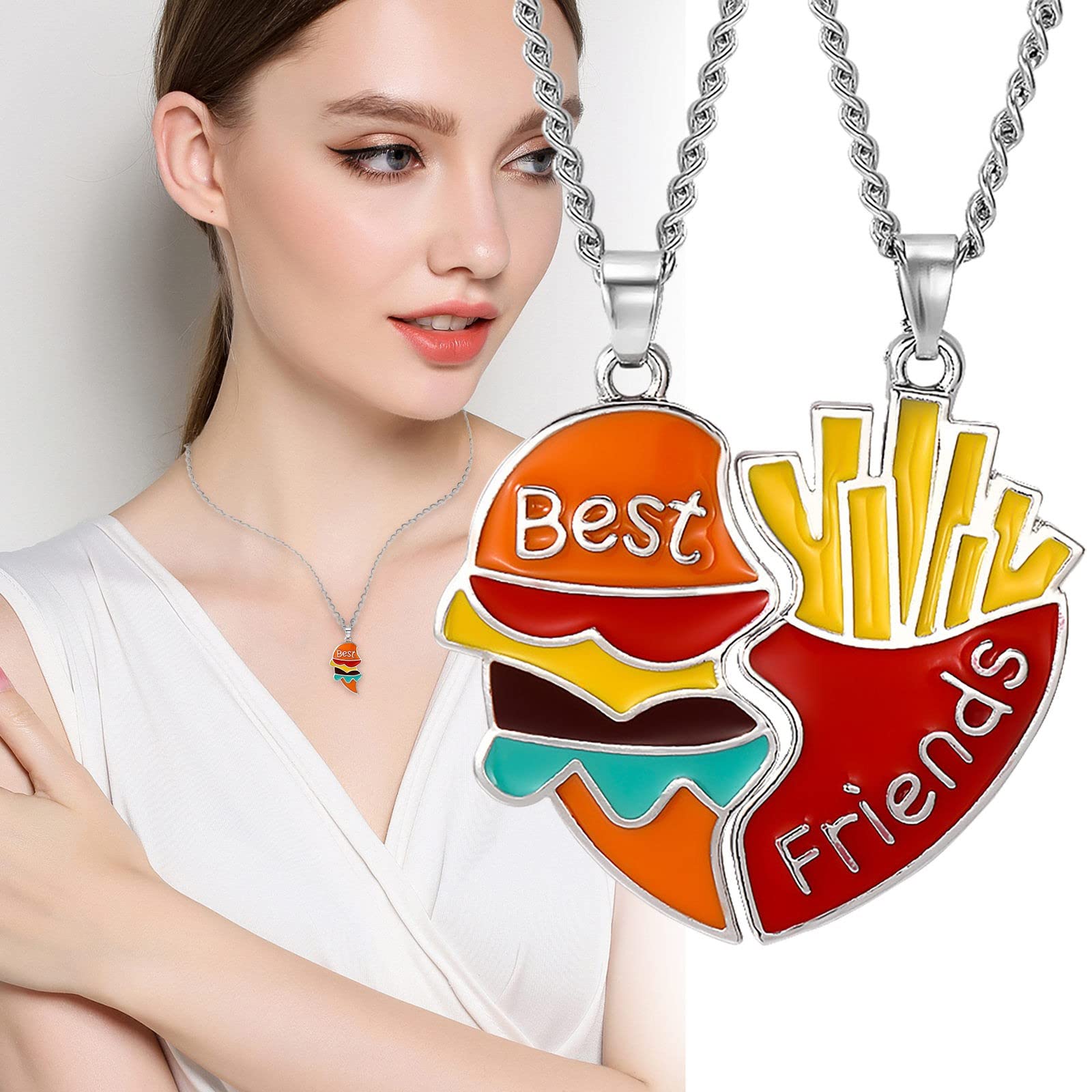 2 Pcs Friendship Pendant Necklace for Women 2-Split Best Friend Forever Necklace Funny Burger and Fries Statement Necklace Teen Girls Jewelry Birthday Gifts Gold Moon Pendant (as show, One Size)