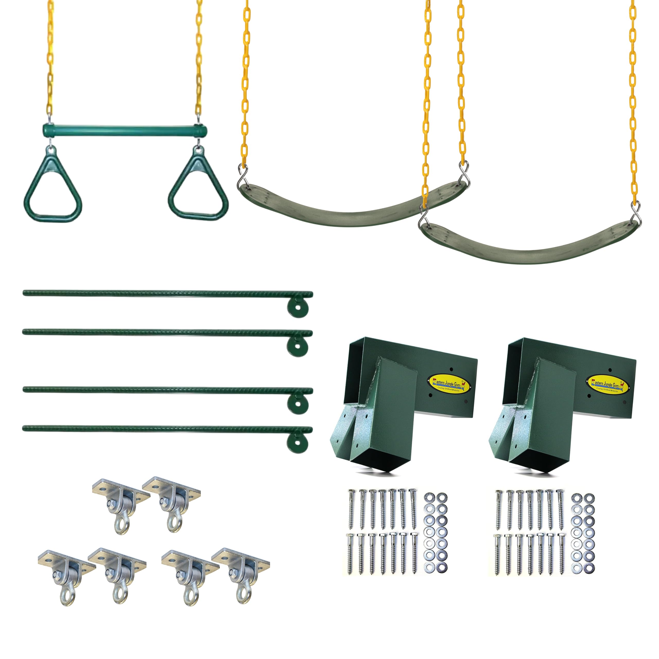 Eastern Jungle Gym DIY Swing Set Hardware Kit with Easy 1-2-3 A-Frame Brackets, Swing Seats, Ring Trapeze Bar and All Assembly Hardware and Instructions - Wood Not Included