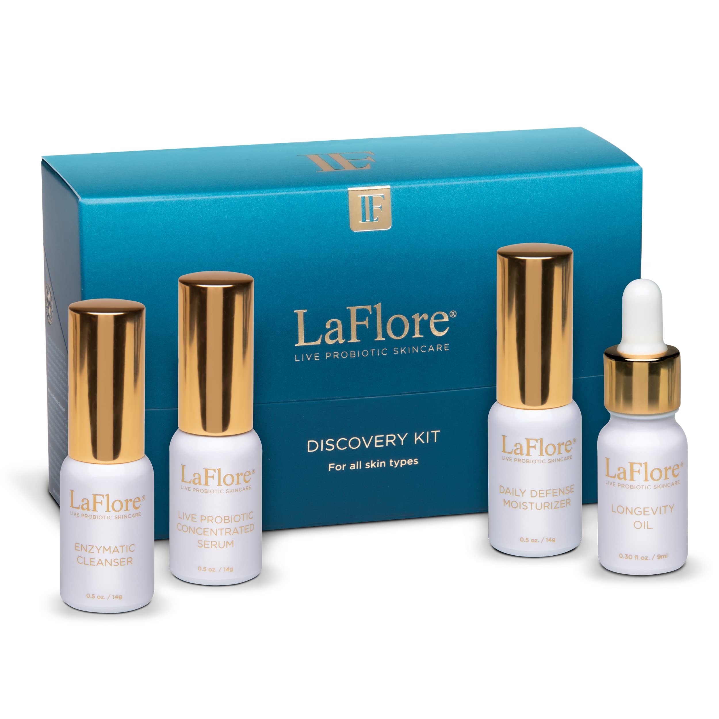 LaFlore Discovery Kit - Live Probiotic Luxury Skincare - Comprehensive Revitalizing Regimen - 4-Piece Sampler Set in TSA Approved Bottles - Great for Travel - Vegan, Cruelty-Free, & for All Skin Types