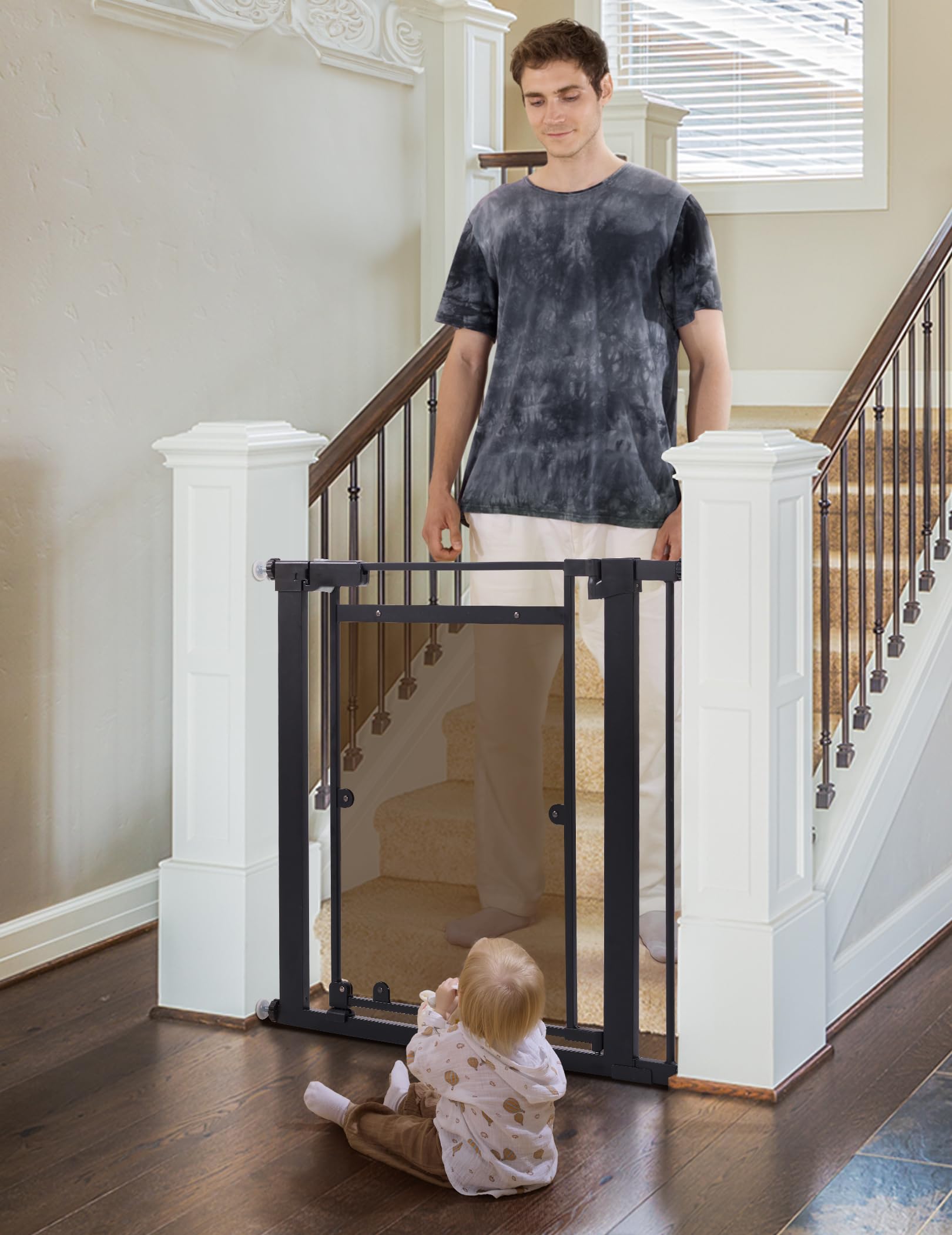 Babelio Clear Baby Gate, 29"-40" Baby Gate for doorways, Auto Close Dog Gate, Modern Acrylic Clear, Elegance Meet Safety, Pressure Mounted Child Gate, Black