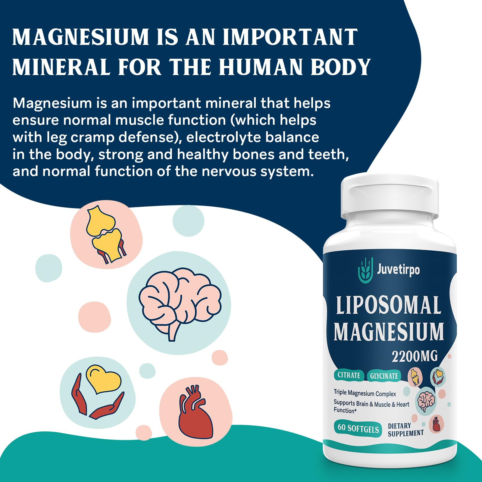 Liposomal Magnesium Complex 2200MG Softgels, Magnesium, Magnesium Glycinate, Magnesium Citrate, A Powerful Supplement, Gluten Free, 60 Softgels