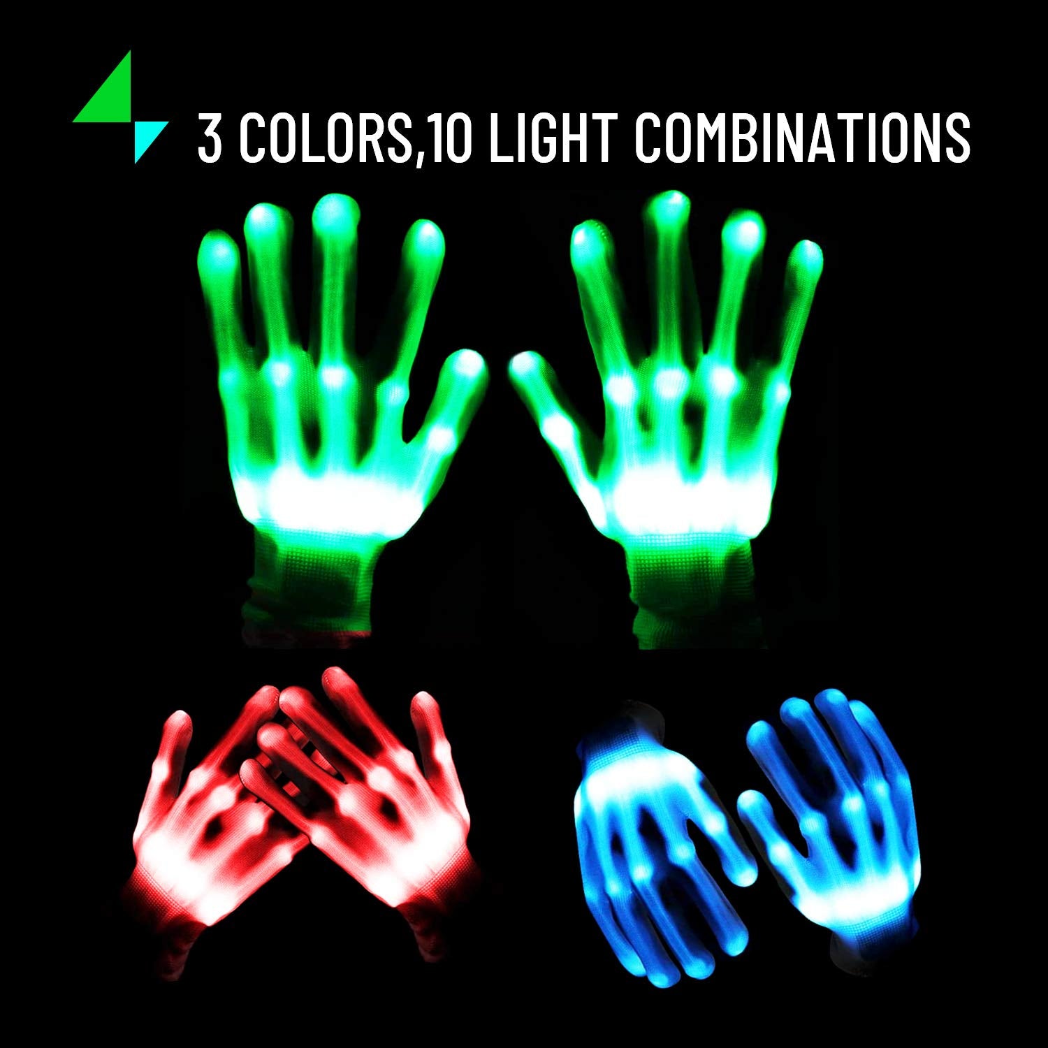 UWEIDOIT LED Gloves, Flash Finger Lights Gloves, 3 Colors 10 Modes Colorful Light Up Gloves Glowing Christmas Costume Clubbing Party Favors Toys for Men and Women