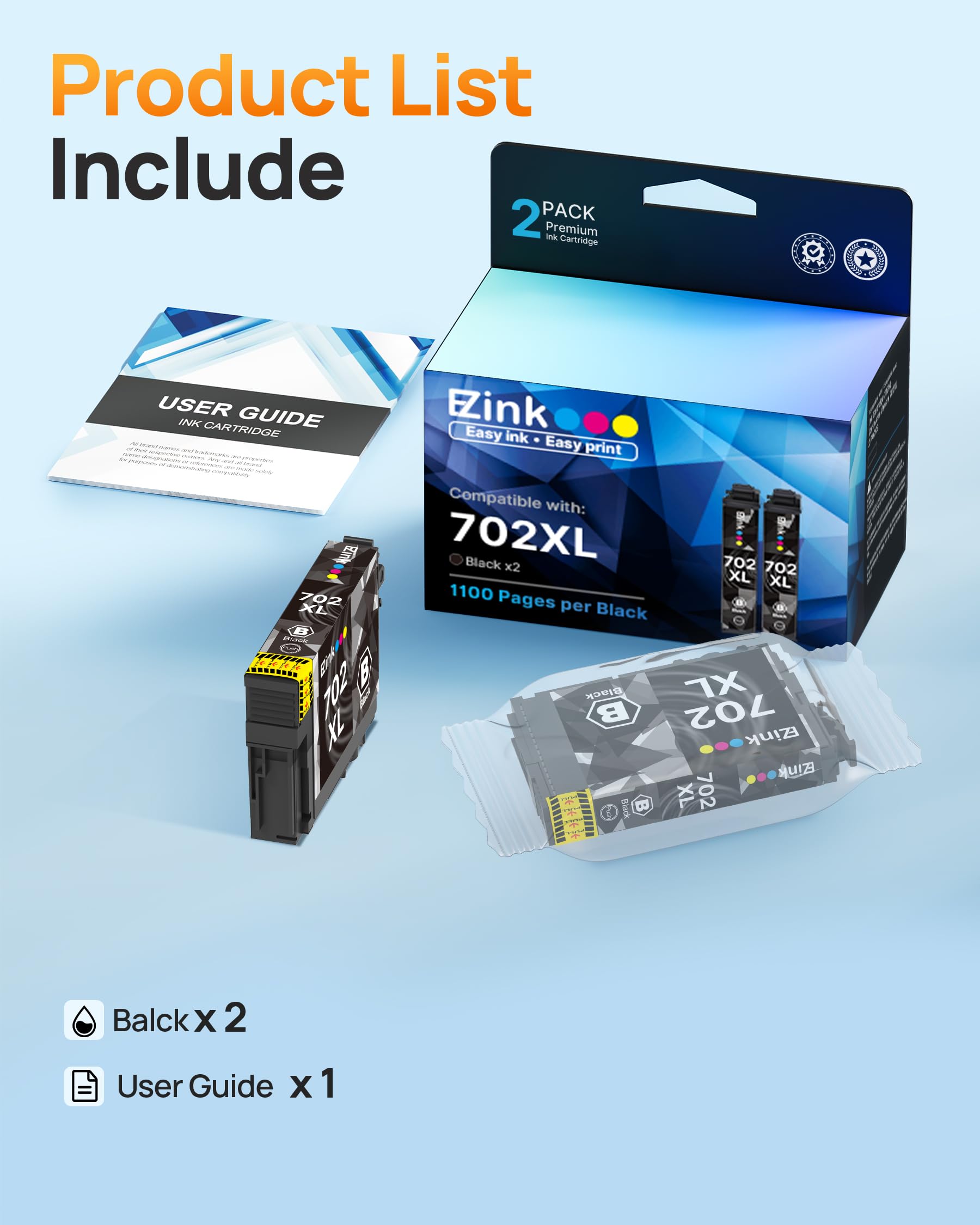 E-Z Ink Remanufactured Ink Cartridge Replacement for Epson 702XL Black Ink Cartridge T702XL 702 T702 Ink to use with Workforce Pro WF-3720 WF-3730 WF-3733 Printer (2 Pack, Black)