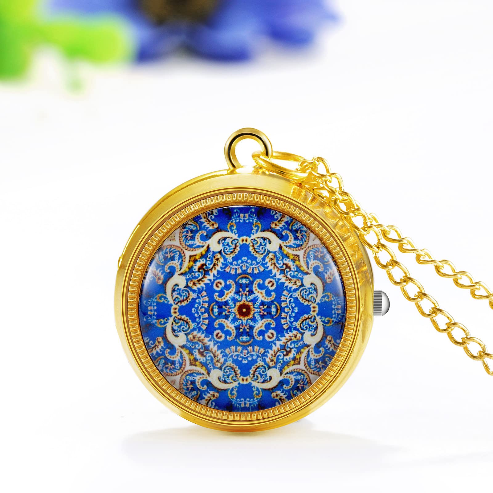 JewelryWe Vintage Pocket Watch for Women Classic Gold Plated Round Analog Quartz Watch Clock Pendant Necklace Watch with Chain