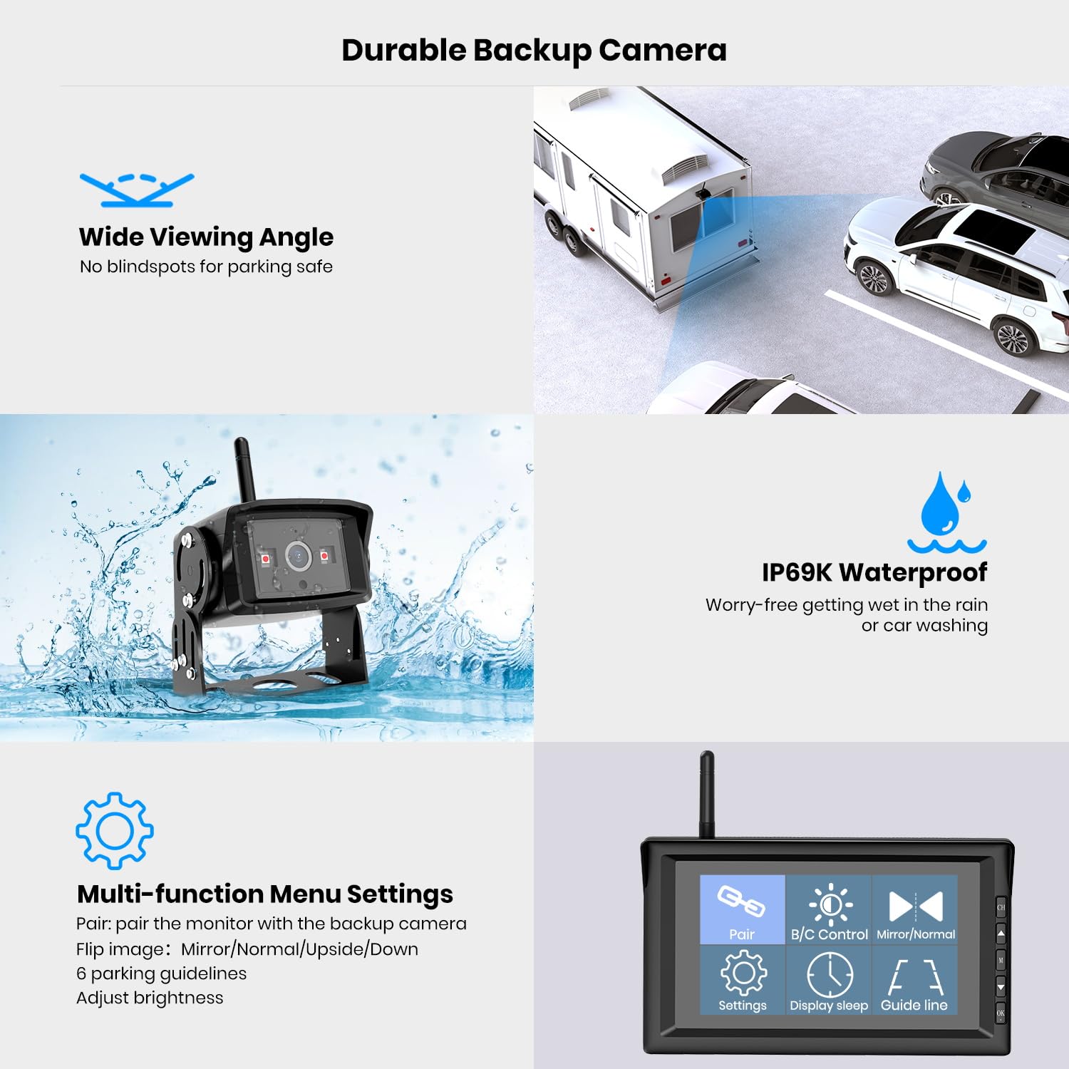 AUTO-VOX RV Backup Camera Wireless 7" 1080P HD Split Screen Monitor, IR Night Vision Rear View Camera Systems, IP69K Waterproof Easy Hitch Trailer Back Up Camera for Truck/Camper/5th Wheel/Motorhome