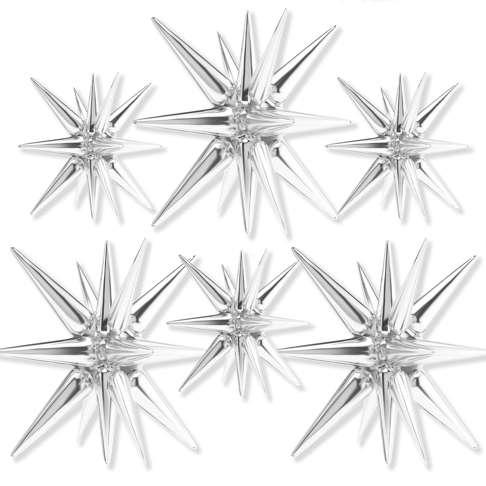 PartyWoo Metallic Silver Star Foil Balloons 6pcs Different Sizes Pack of 27 22 Inch Starburst Spike Mylar Balloons for Graduation Anniversary Bachelorette Engagement Birthday Party Decorations