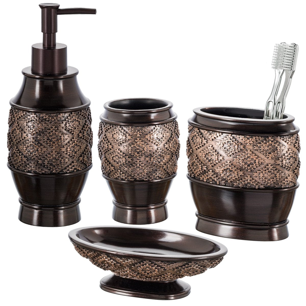 Creative Scents Dublin Brown Bathroom Accessories Set Complete - 4 Pc. Bathroom Sets Accessories, Luxury Bathroom Accessory Set - Soap Dispenser, Soap Dish, Tumbler & Toothbrush Holder Set