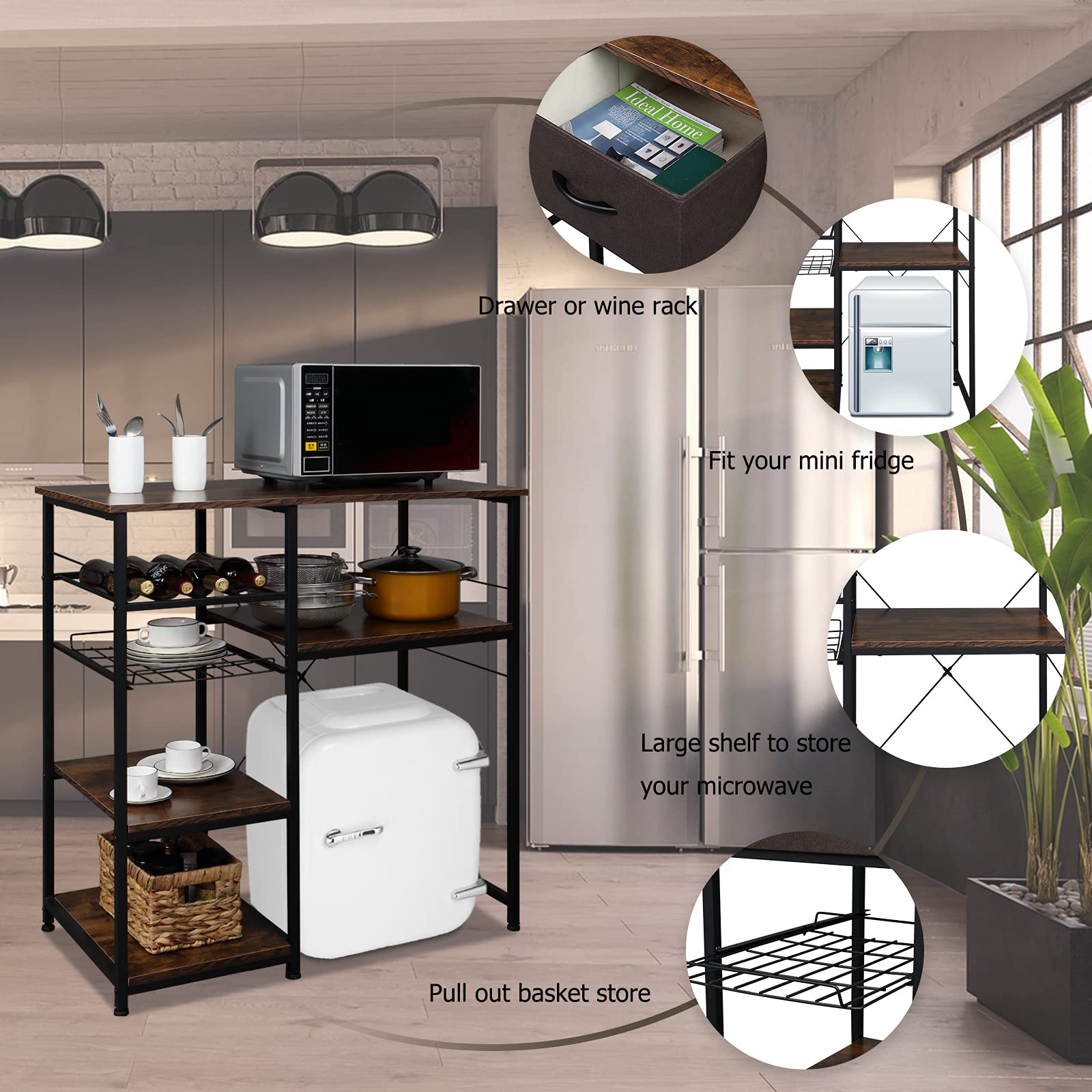 VINGLI Bakers Racks for Kitchens with Storage Mini Fridge Stand Bar Cabinet with Mini Fridge Space, Big Drawer, Wine Rack, Metal Frame Industrial Workstation Microwave Oven Stand 4-Tiers