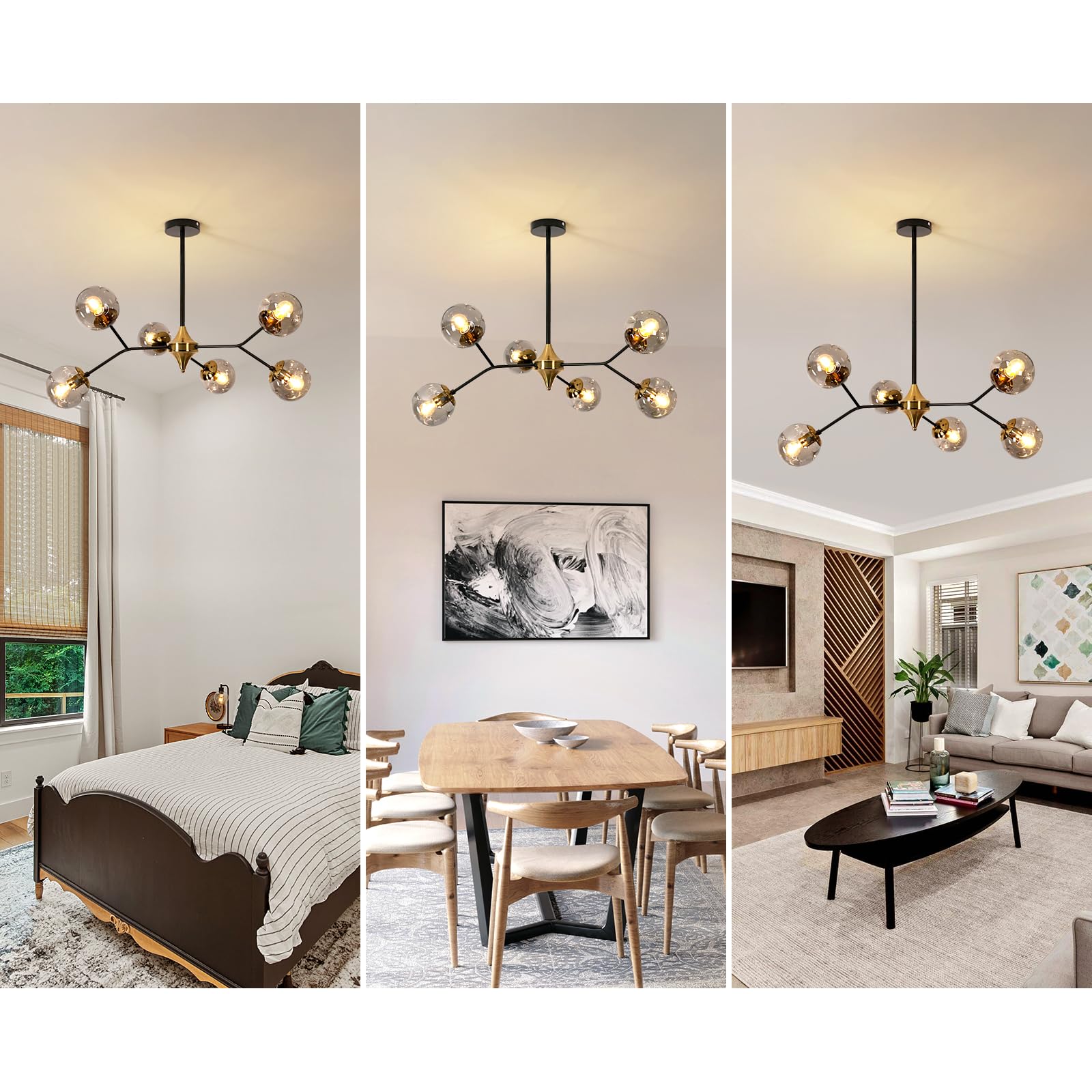 DELIPOP Glass Sputnik Chandelier, 6-Light Black and Gold with Smoke Gray Glass Lampshade Chandelier, E26 Mid Century Modern Pendant Light Fixture for Dining Room, Living Room, Kitchen