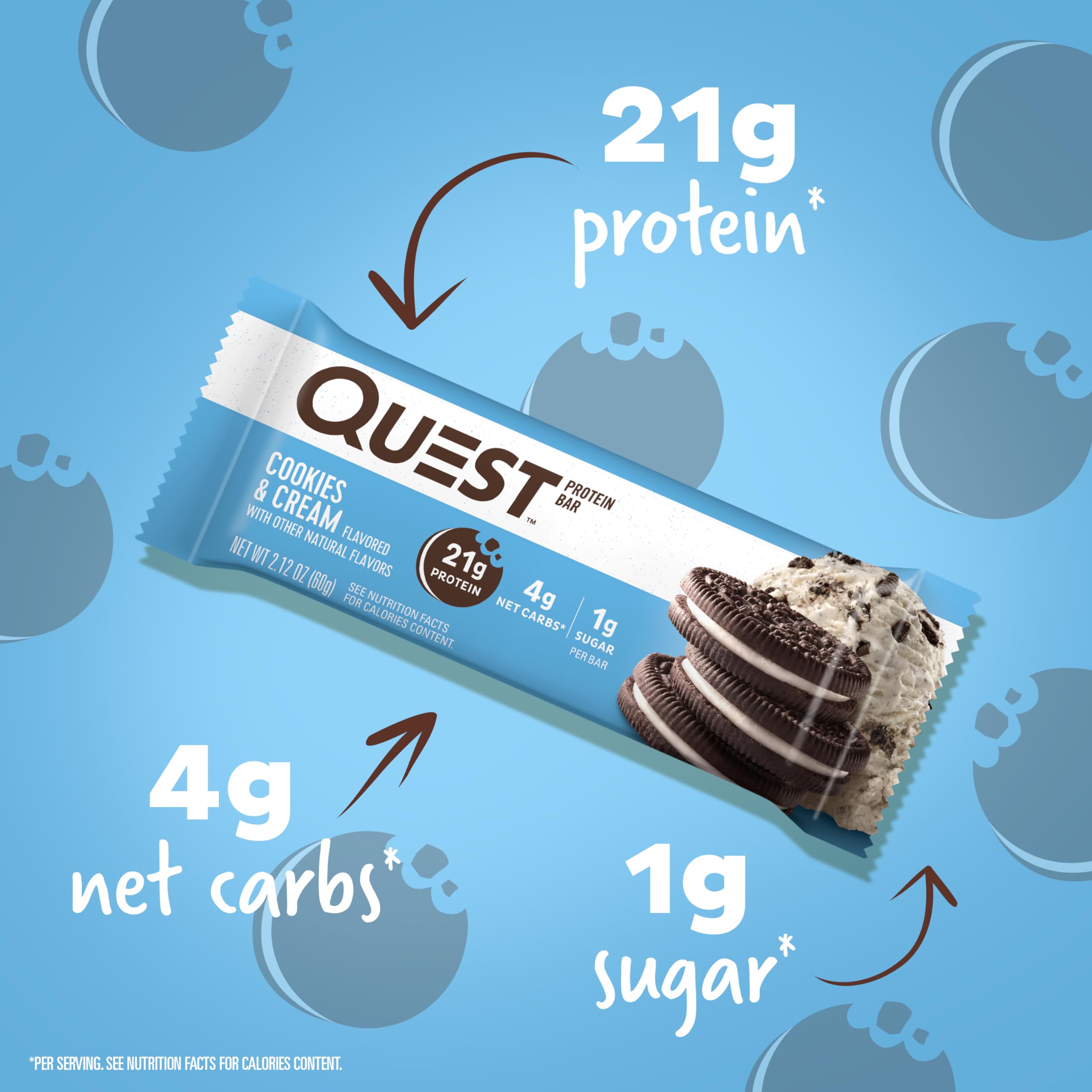 Quest Nutrition Cookies & Cream Protein Bars, 21g Protein, 4g Net Carbs, 1g Sugar, Gluten Free, Keto Friendly, 4 Count