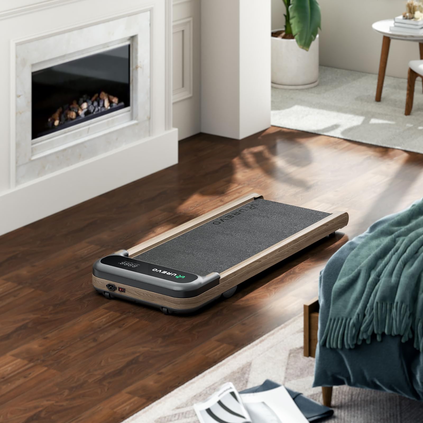 UREVO E4W Walking Pad, Wooden Treadmill Underdesk, Double Shock Absorption, Wood Grain Design, Workout APP with Track Insights, MIIT Mode, Plug and Play, Remote Control