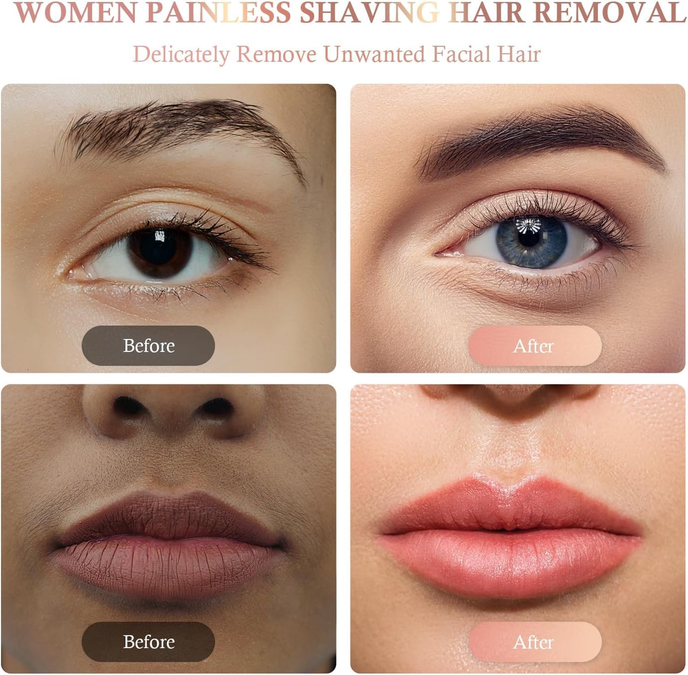 Facial Hair Removal for Women, Portable Lady Shaver, 2 x Replacement Heads Included, Rechargeable Painless Hair Remover for Face, Upper Lips, Chin, Peach Fuzz